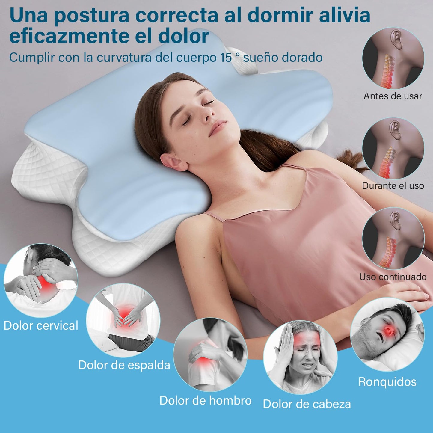 KIROGILY Almohada Memory Foam, Almohada Cervical para Aliviar el Dolor de Cuello, Almohada Ortopédica para Quienes Duermen de Lado, Boca Arriba y Boca Abajo, con Funda de Almohada (Azul)