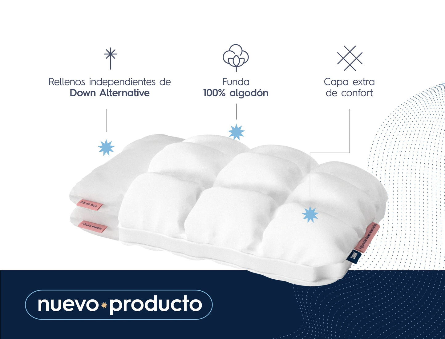Luuna Almohada Ajustable Down Alternative, Funda 100% algodón, Alto Confort y Relleno Ajustable, Hipoalergénica y antiácaros, Blanco, King Size
