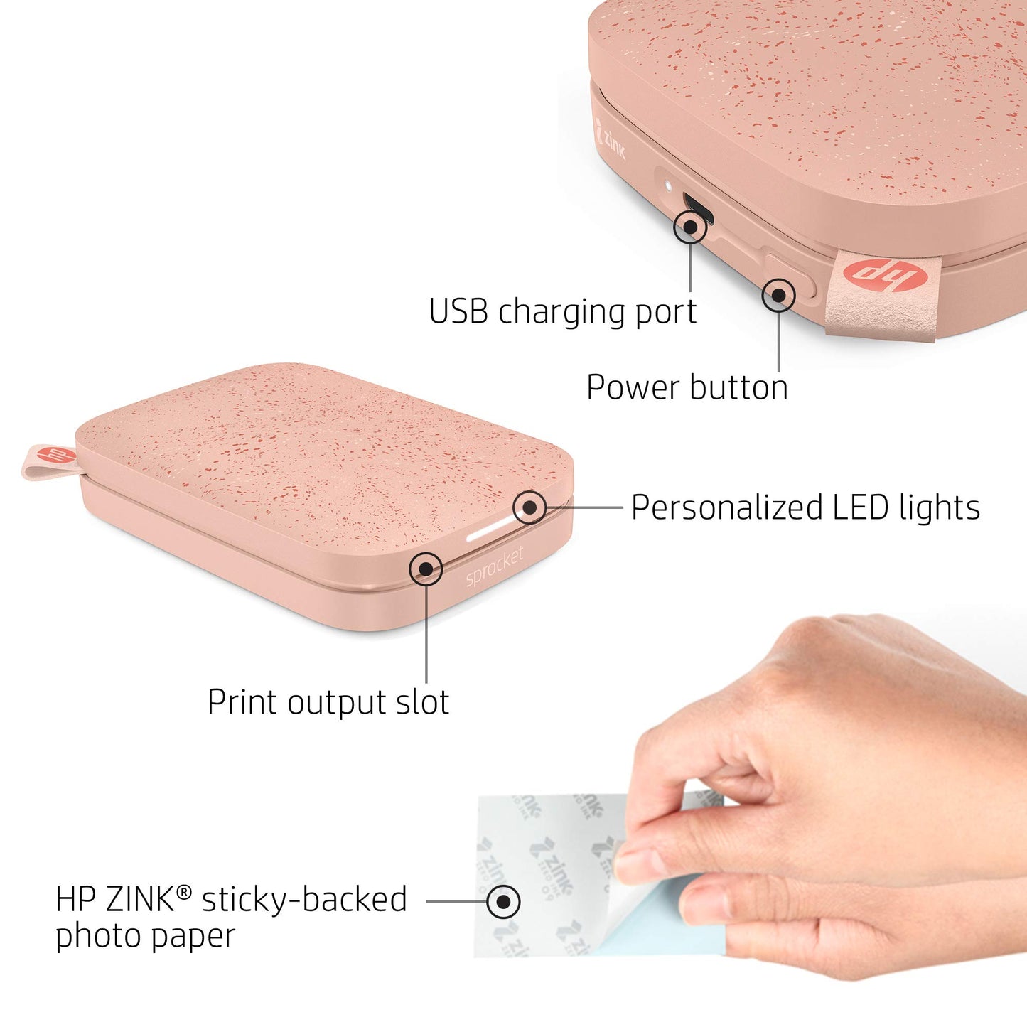 HP - Impresora fotográfica portátil Sprocket, imprime al instante fotos con reverso adhesivo de 2 x 3 pulgadas desde tu teléfono, Blush 1AS89A