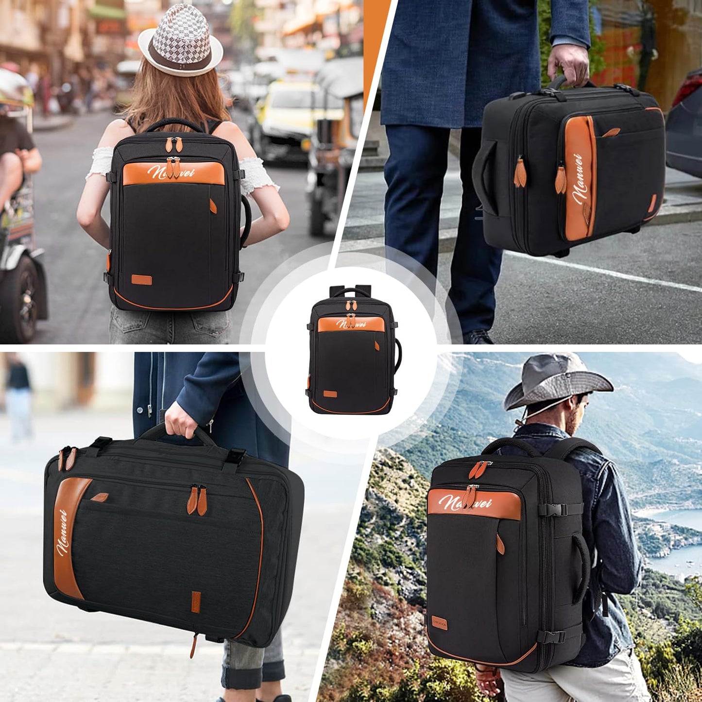 Juego de mochila de viaje de 5 piezas, mochila de equipaje certificada por vuelo extra grande 40 L, maleta expandible con 4 bolsas de almacenamiento, mochila de negocios impermeable, unisex (Negro)