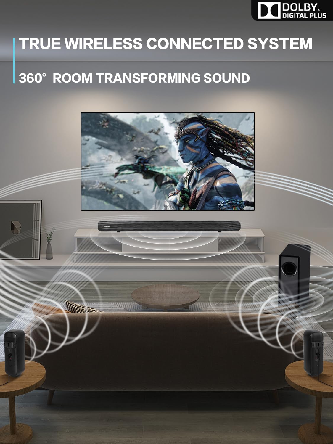 Barra de sonido envolvente de 5.1 CH con audio Dolby, barras de sonido para TV, subwoofer inalámbrico y altavoz trasero, Dolby Digital Plus, Bluetooth 5.0, sistema de sonido envolvente para cine en casa, televisores 4K y HD | HDMI y óptico
