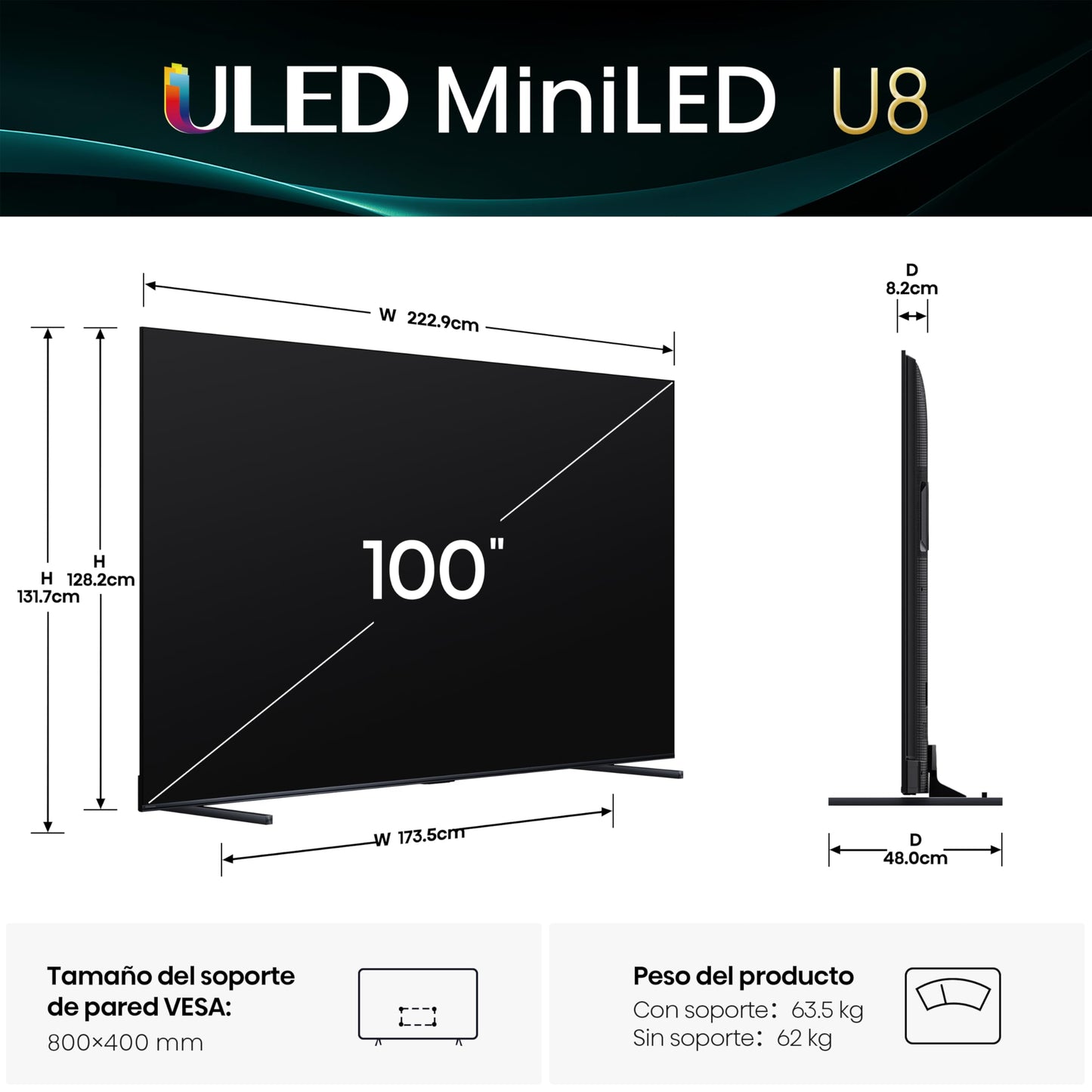 Hisense Television U8QG(Modelo 2025) Pantalla 100 Pulgadas,Mini-LED Pro Smart Google TV UHD 4K,Control Remoto por Voz con Alexa,Modo de Juego Ultra de 165 Hz,Hi-View AI Engine Pro
