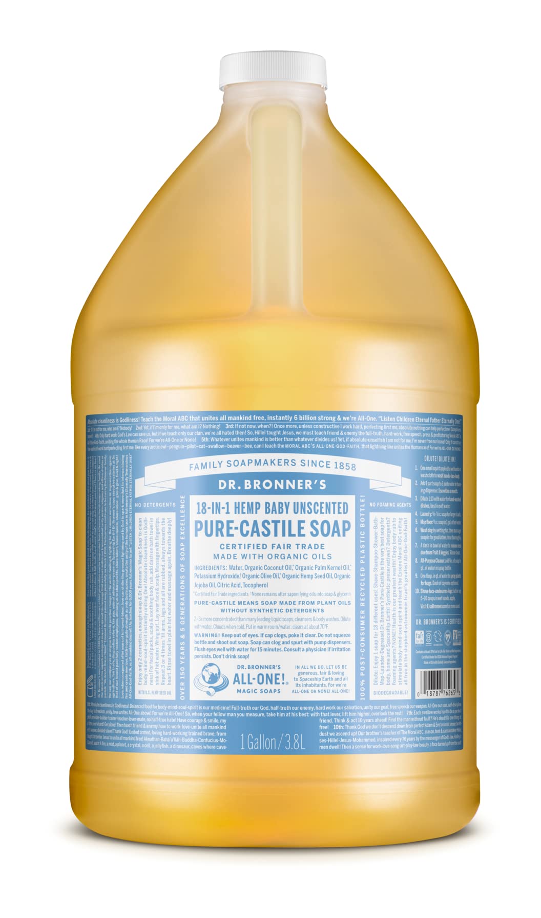 Dr. Bronner's | Jabón de castilla orgánico, fórmula concentrada, ideal para bebés, piel atópica, con psoriasis o dermatitis, biodegradable - Sin Aroma 3.8 L