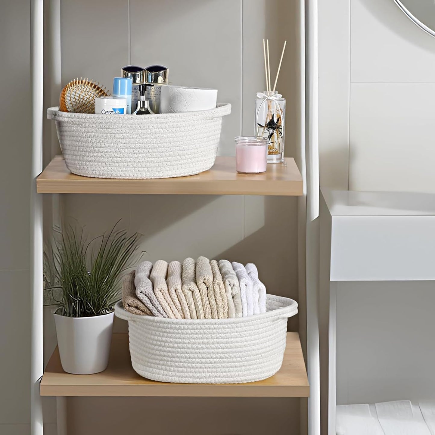 NUIO 5 Piezas Canastas Organizadoras Rectangulares de Algodón Natural con Asas, Caja Cestas de Almacenamiento,Ideal para Baño, Juguetes Infantiles, Clóset, Maquillaje y Organización del Baño (blanco)