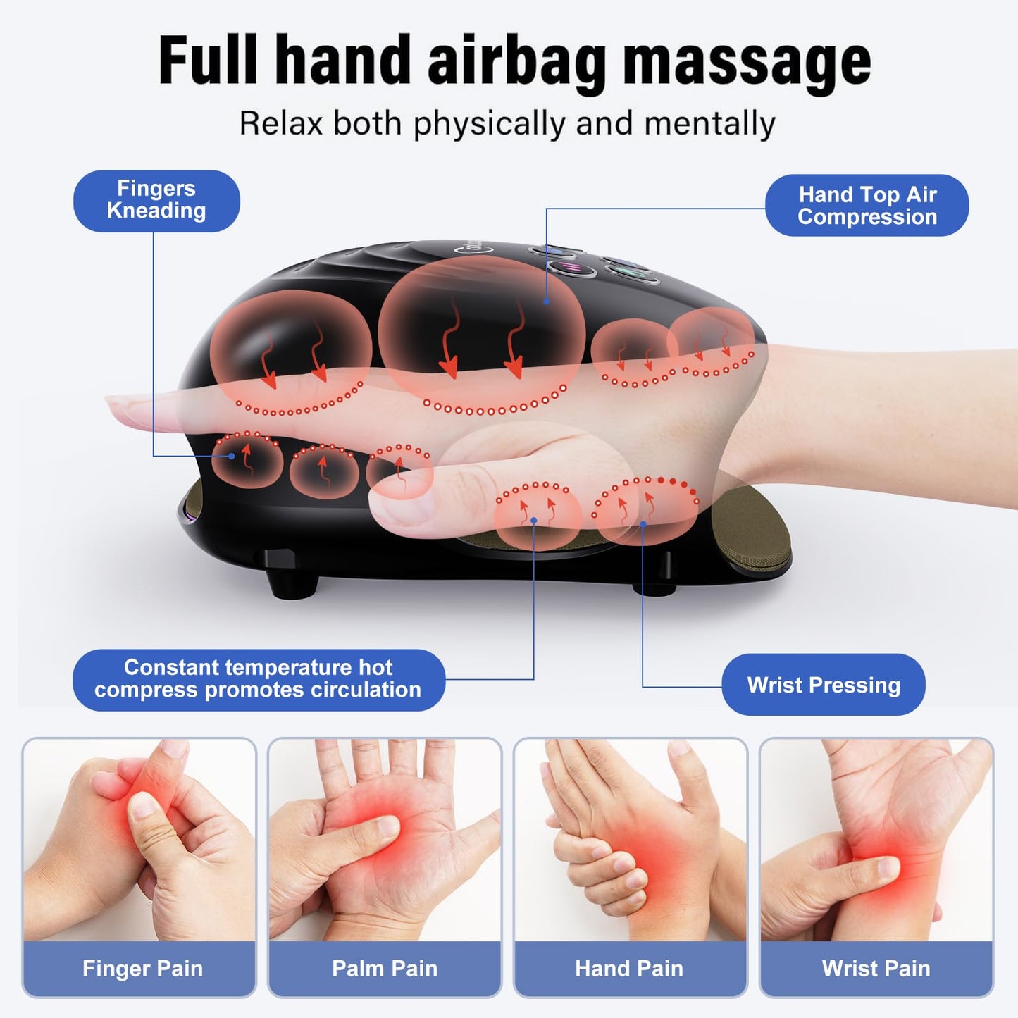 Masajeador de Manos Eléctrico, Masajeador de Manos Inalámbrico con Calor, Masaje Terapéutico de 3 Niveles, Máquina de Masaje de Dedos y Muñecas para Aliviar el Dolor, Regalos para Papá Mamá