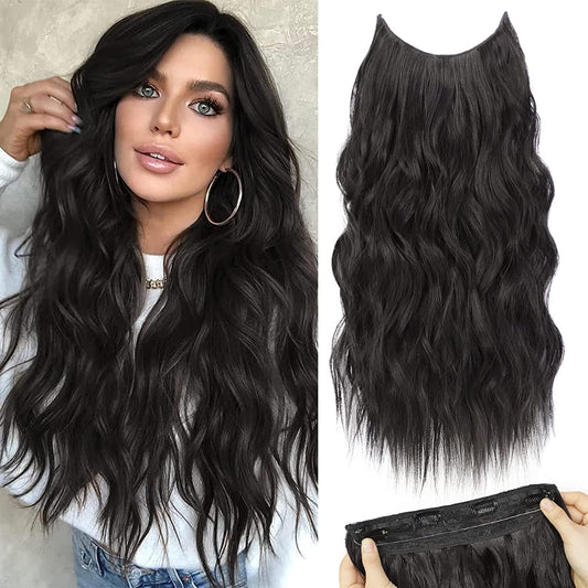 Slzhds Extensiones de Cabello Natural Ondulado, Extensión de Liga, Extensiones de Cabello Ondulado, Extensiones Halo con Diadema Invisible, 3/4 Cabeza Completa Ondulada Extensiones Cabello con Clip Seguros Extraíbles, Tamaño Ajustable, Resistente al Calor