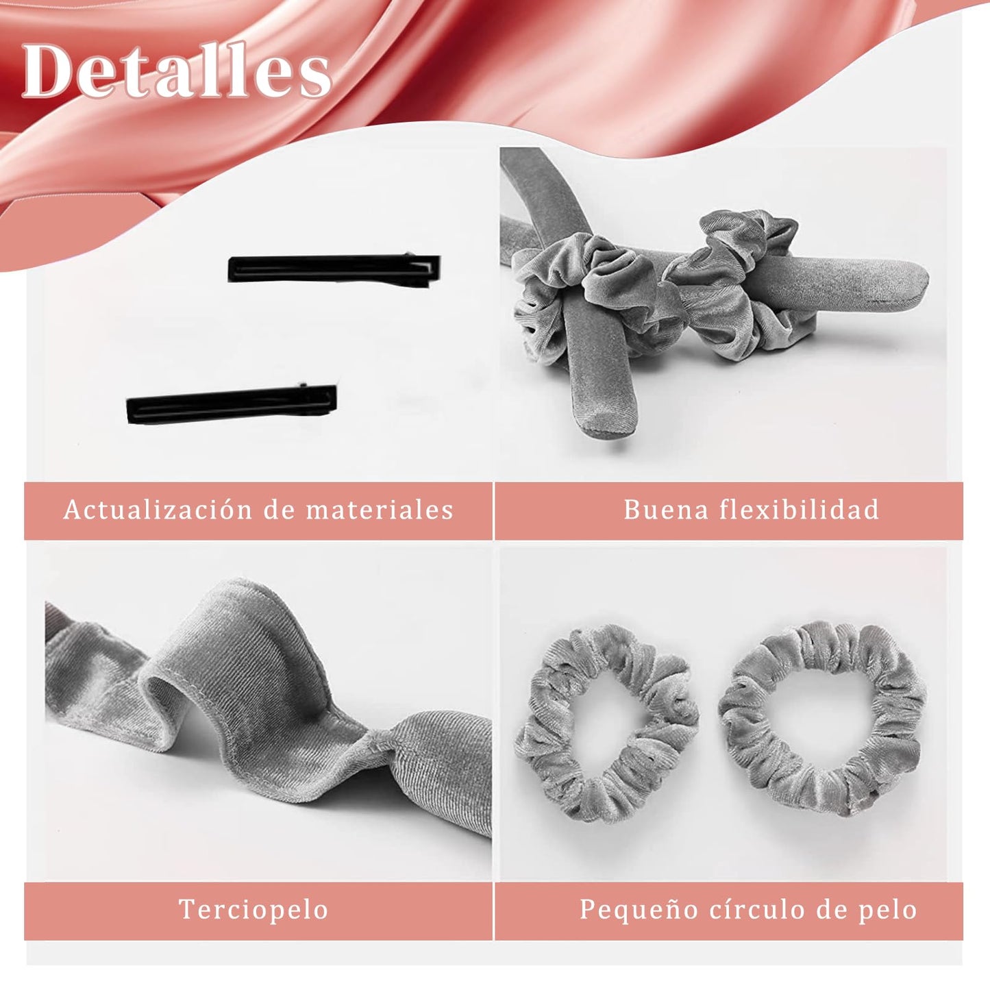 Rizador de pelo sin calor, diseño segmentado mejorado, diadema de rizos de seda sin calor para un sueño más cómodo durante la noche, cinta de seda para rizar el cabello con bandas de goma y clips (Ceniza)