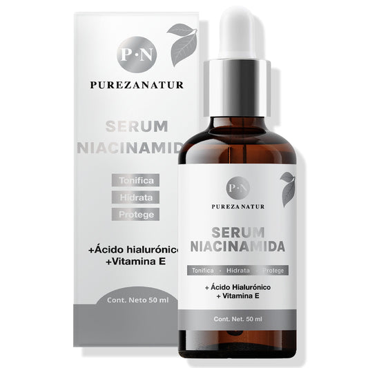 PUREZA NATUR Suero facial Niacinamida B3, Vitamina E y Acido hialurónico 50ml | Serum Niacinamide para todos tipos de piel skin barrier hidratante, antioxidante potente reductor de ojeras y líneas de expresión (50ml)