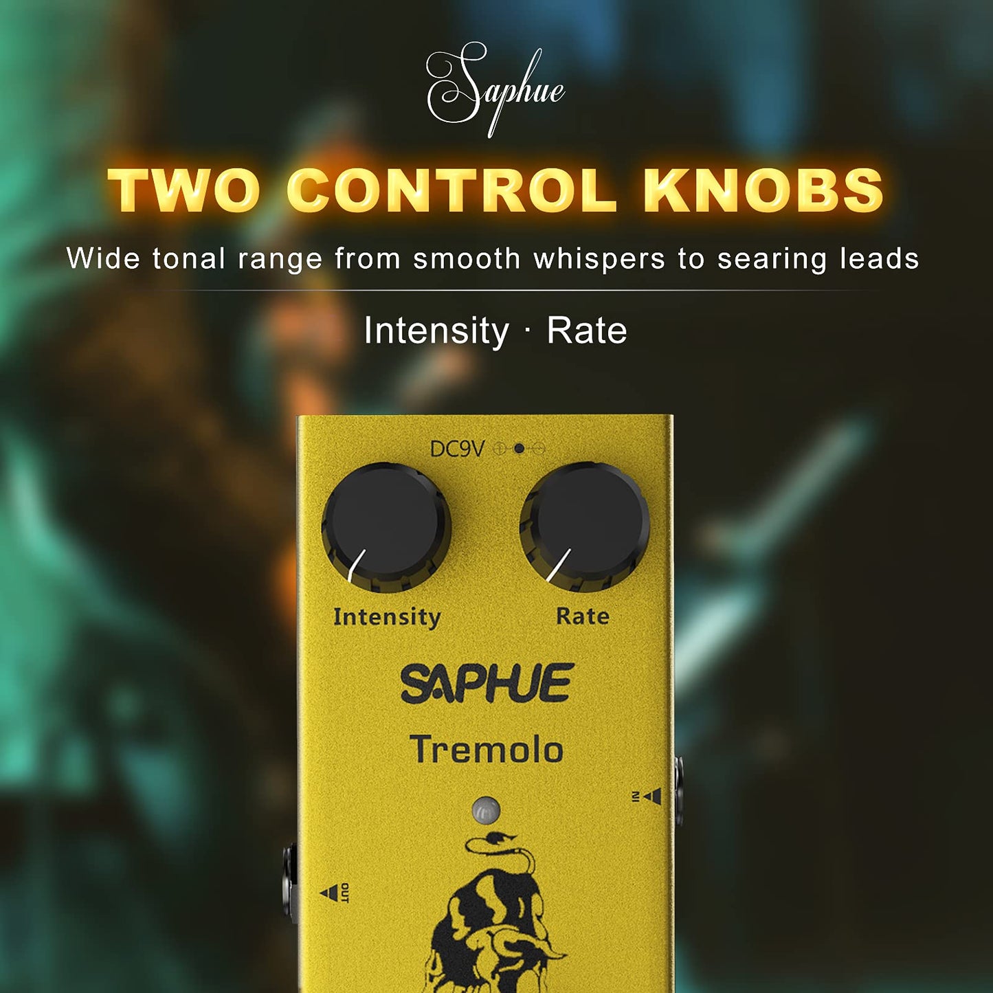 Pedal de Efectos de Guitarra SAPHUE en Negro con Trémolo de Intensidad Ajustable y Carcasa de Metal para Hombre