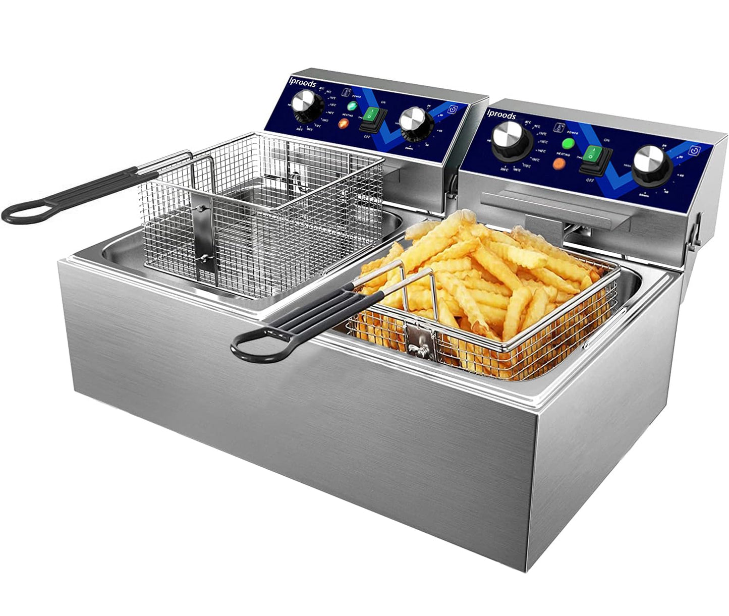 Iproods Freidora eléctrica con cesta y tapa, máquina de freír de acero inoxidable para cocina comercial y doméstica, con temperatura y tiempo ajustable, 110 V (10.5 QT*2)