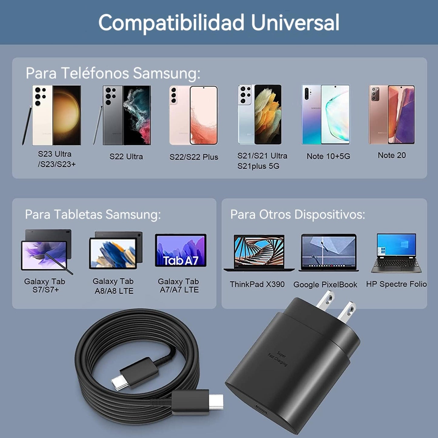 Cargador Tipo C, 2PCS Cargador de 25W Carga Rapida con Cable Tipo C de 1.8m, Cargador USB C para Galaxy S23 Ultra/S23/S23+/S22/S22+/S21+/S20/S20+/S22 S21 S20 Ultra(Negro)