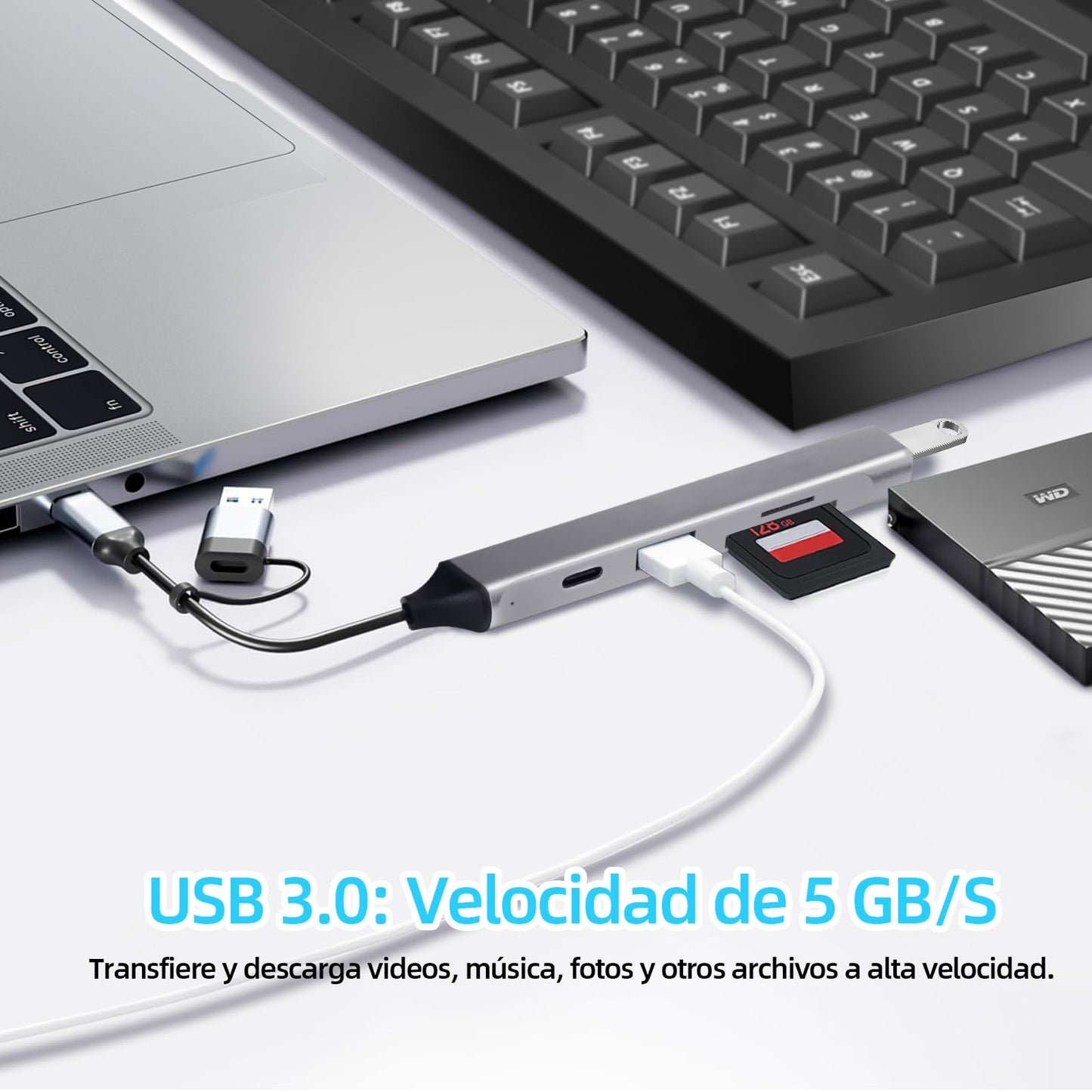 JUGLUTE USB C Hub, 5 en 1 Adaptador USB C Multipuerto Aluminio a Tarjetas SD/MicroSD, USB 3.0 y 2.0, PD Carga Compatible Hub USB con MacBook M1 M2 Pro Air iPad iPhone 16 Galaxy S24