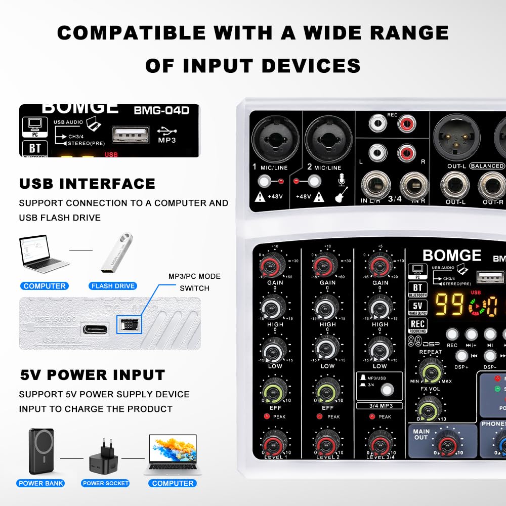 BOMGE - Mini mezclador de audio Bluetooth de 4 canales con procesador 99DSP, interfaz USB, grabación estéreo, alimentación fantasma de 48 V para PC, teléfono (blanco)