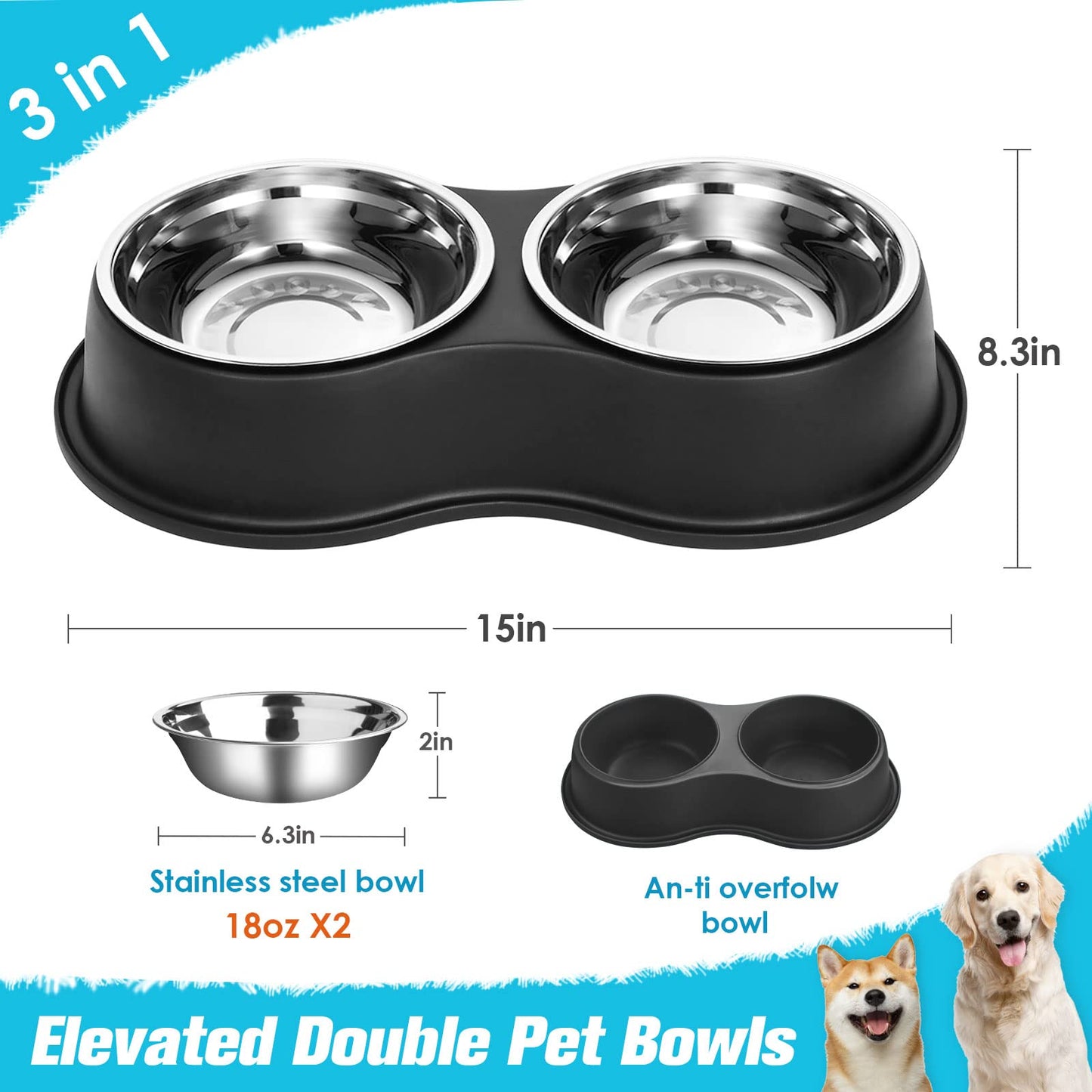 Cuencos dobles para perros de agua y alimentos, cuencos de acero inoxidable con estación de resina antideslizante, cuencos de comedero para mascotas para cachorros, perros medianos y gatos