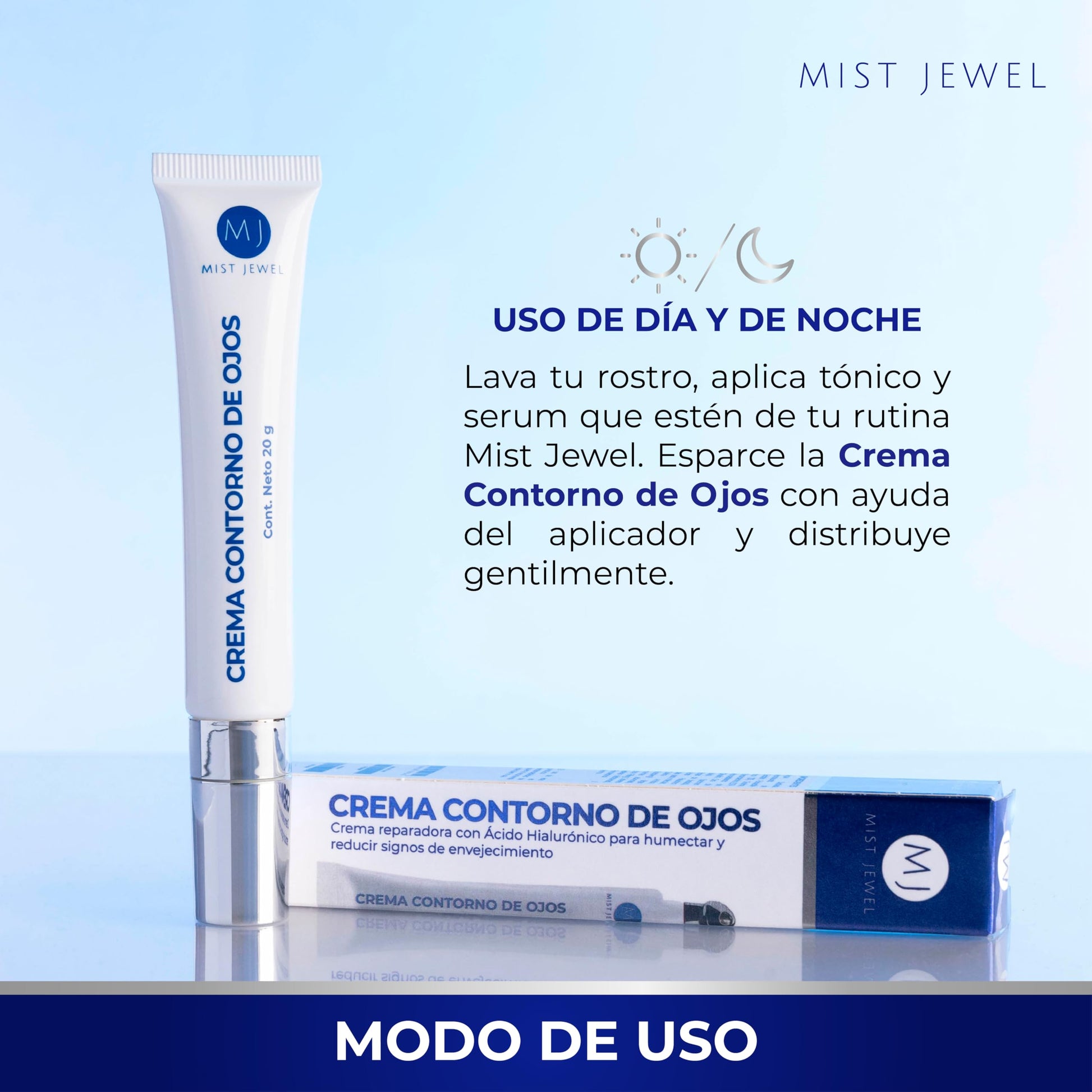 MIST JEWEL | Crema para contorno de ojos, arrugas, bolsas y ojeras obscuras | Con cafeína, Ácido hialurónico y esferas hidratantes 20g