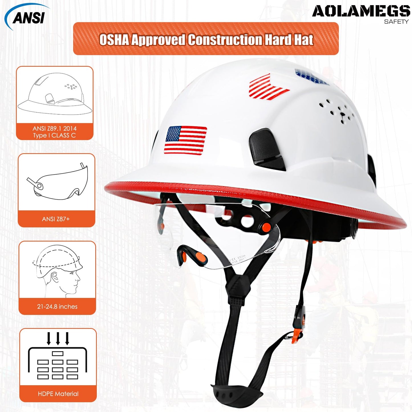 Cascos duros de borde completo con visera de construcción aprobados por OSHA - Cascos duros ventilados para hombres, Casco duro negro con correa para la barbilla, seguridad negro con visera tintada