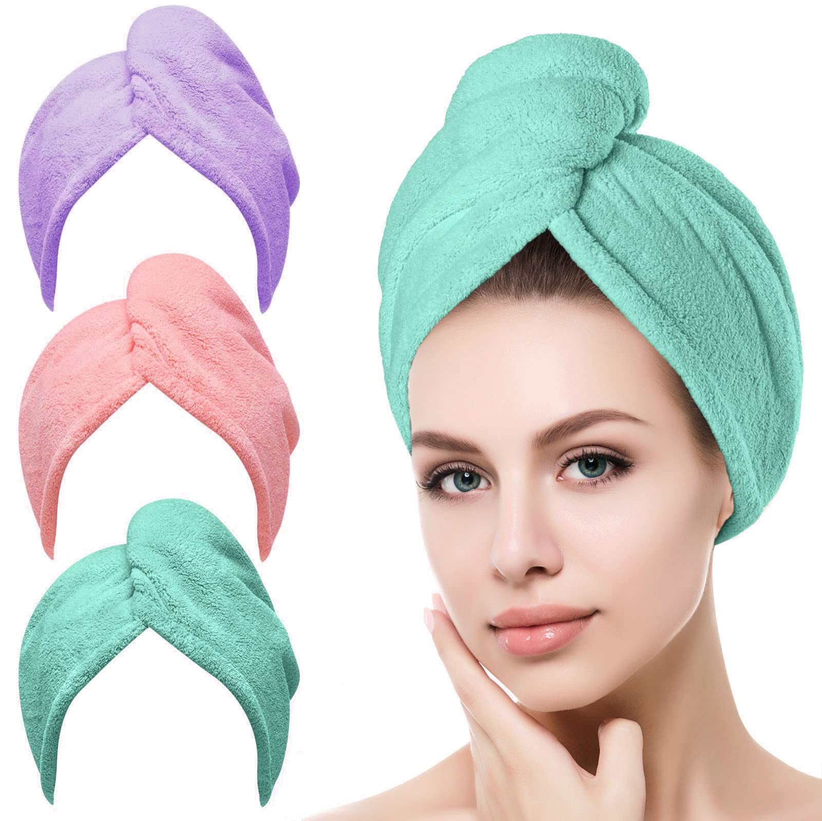 Toalla Microfibra para Cabello 3 Pack, Toalla de Cabello Seco con Botones, Gorro de Baño Ultra Absorbente de Agua, Secado de Pelo Súper Rápido, Turbante Suave Anti-Frizz para Mujer (Viole Rosa Verde)