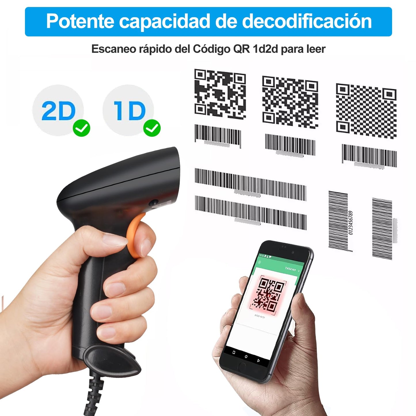 Escáner de Código de Barras 2D 1D QR, Lector Código de Barras con Cable USB Scanner Código de Barras Alámbrico Compatible con PC y Laptop, Escáner Ideal para Supermercado, Biblioteca, Tienda Minorist