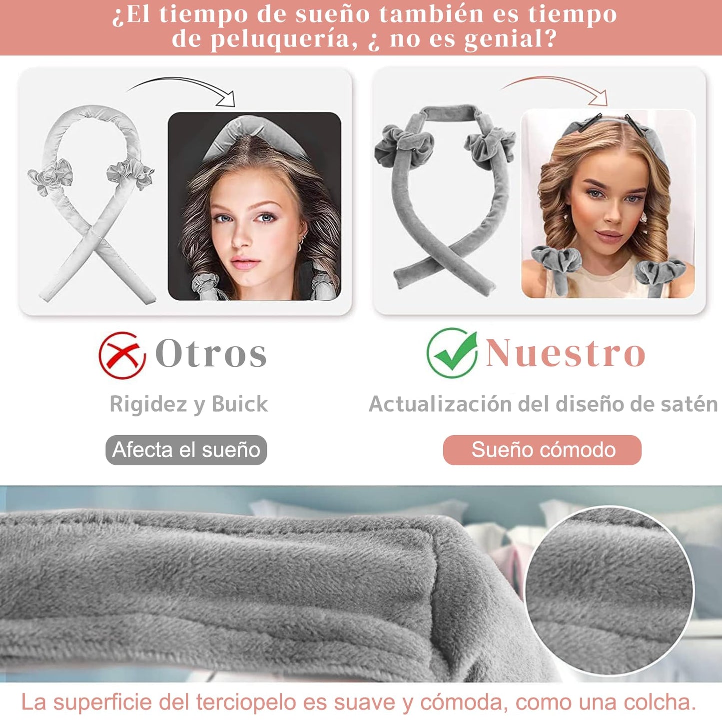 Rizador de pelo sin calor, diseño segmentado mejorado, diadema de rizos de seda sin calor para un sueño más cómodo durante la noche, cinta de seda para rizar el cabello con bandas de goma y clips (Ceniza)