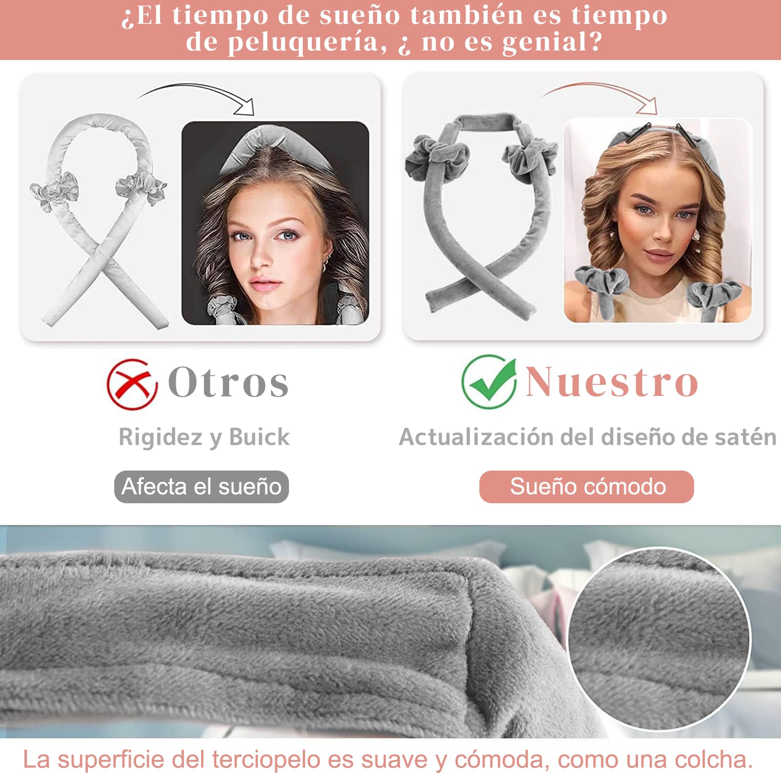 Rizador de pelo sin calor, diseño segmentado mejorado, diadema de rizos de seda sin calor para un sueño más cómodo durante la noche, cinta de seda para rizar el cabello con bandas de goma y clips (Ceniza)