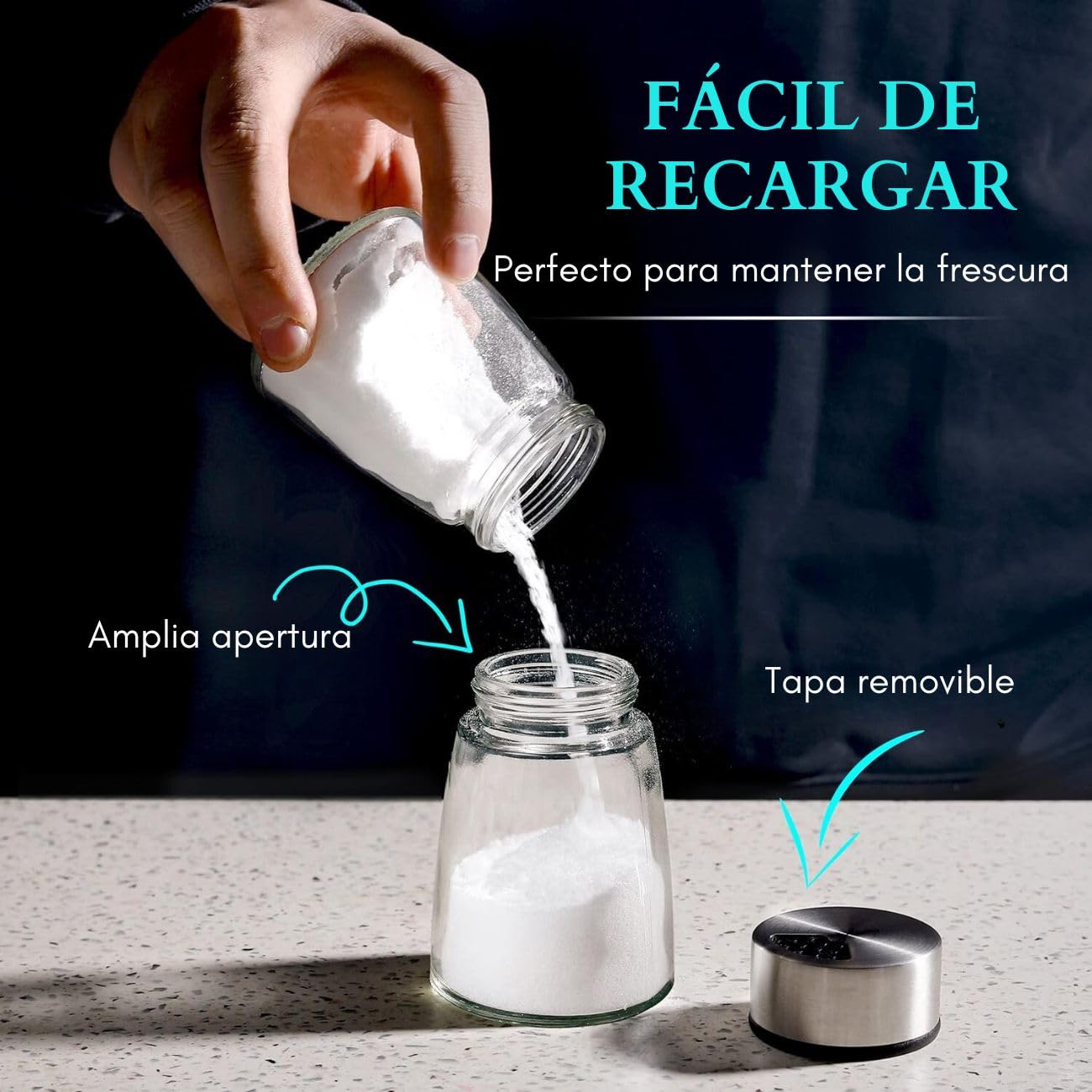 Juego de Saleros y Pimenteros U Chef Acero Inoxidable y Vidrio con Agujeros Ajustables para Sal y Pimienta