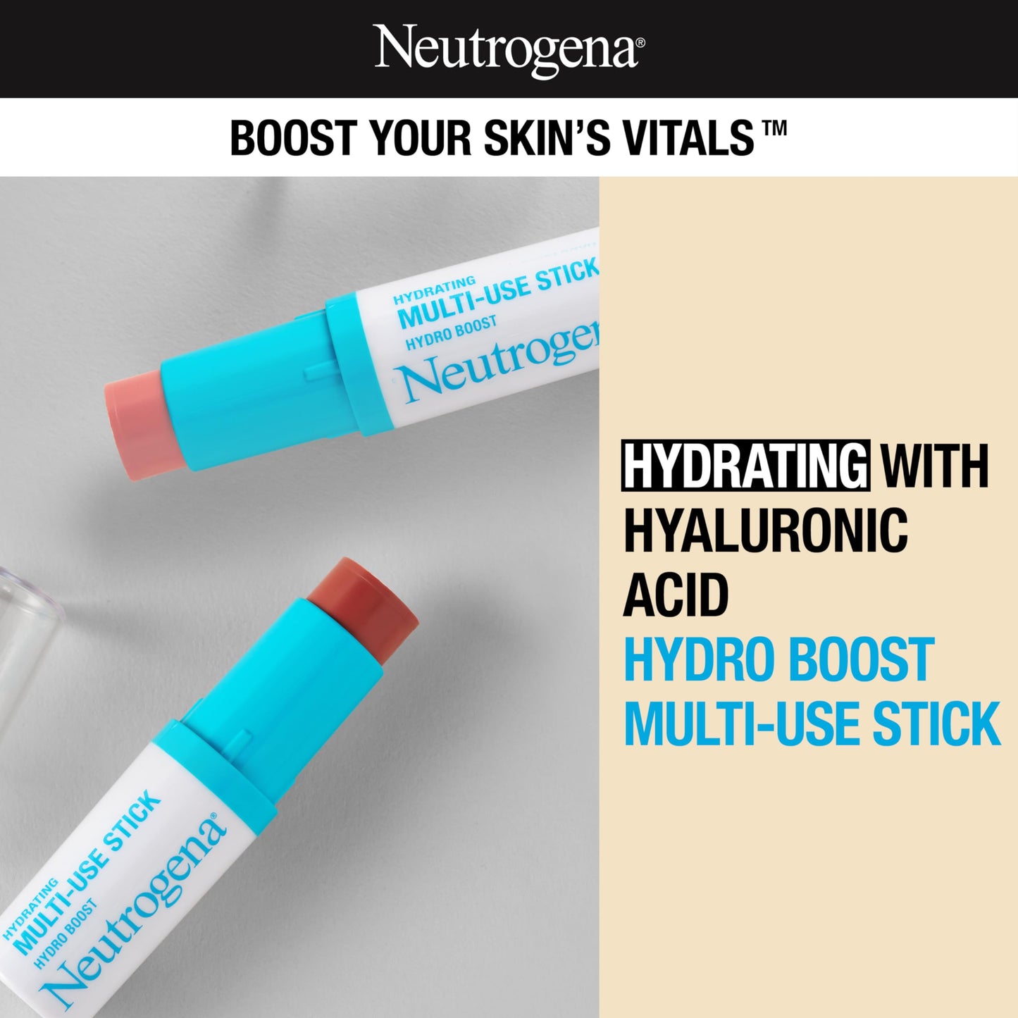 Neutrogena Hydro Boost Hydrating Multi-Use Makeup Stick with Hyaluronic Acid, Multipurpose Colored Makeup Balm for Lips, Cheeks & Eyes, Non-Comedogenic, Paraben-Free, Temptation, 0.26 oz
