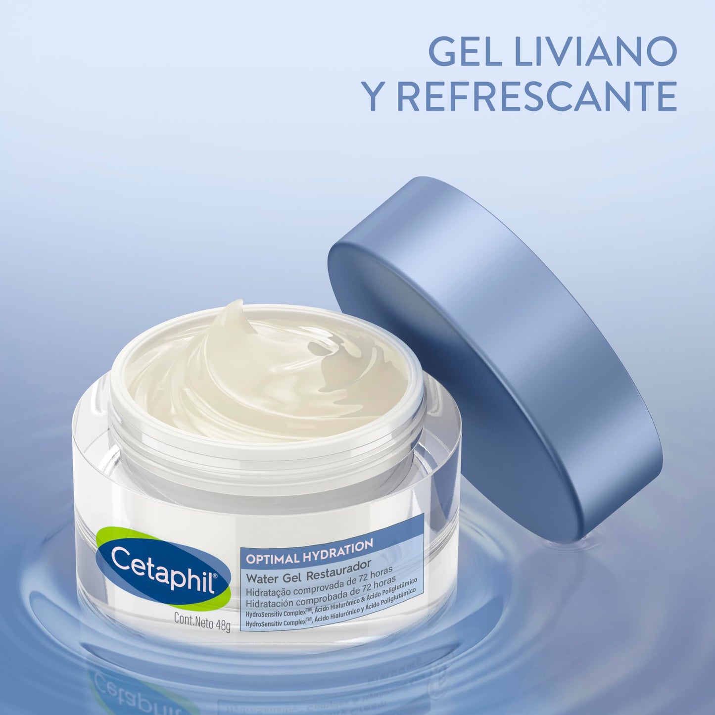 CETAPHIL OPTIMAL HYDRATION WATER GEL 48gr 72 hrs de Hidratación Piel Deshidratada y Sensible con Ácido Hialurónico Poliglutámico y Vitaminas Recomendado por Dermatólogos para Piel Sensible