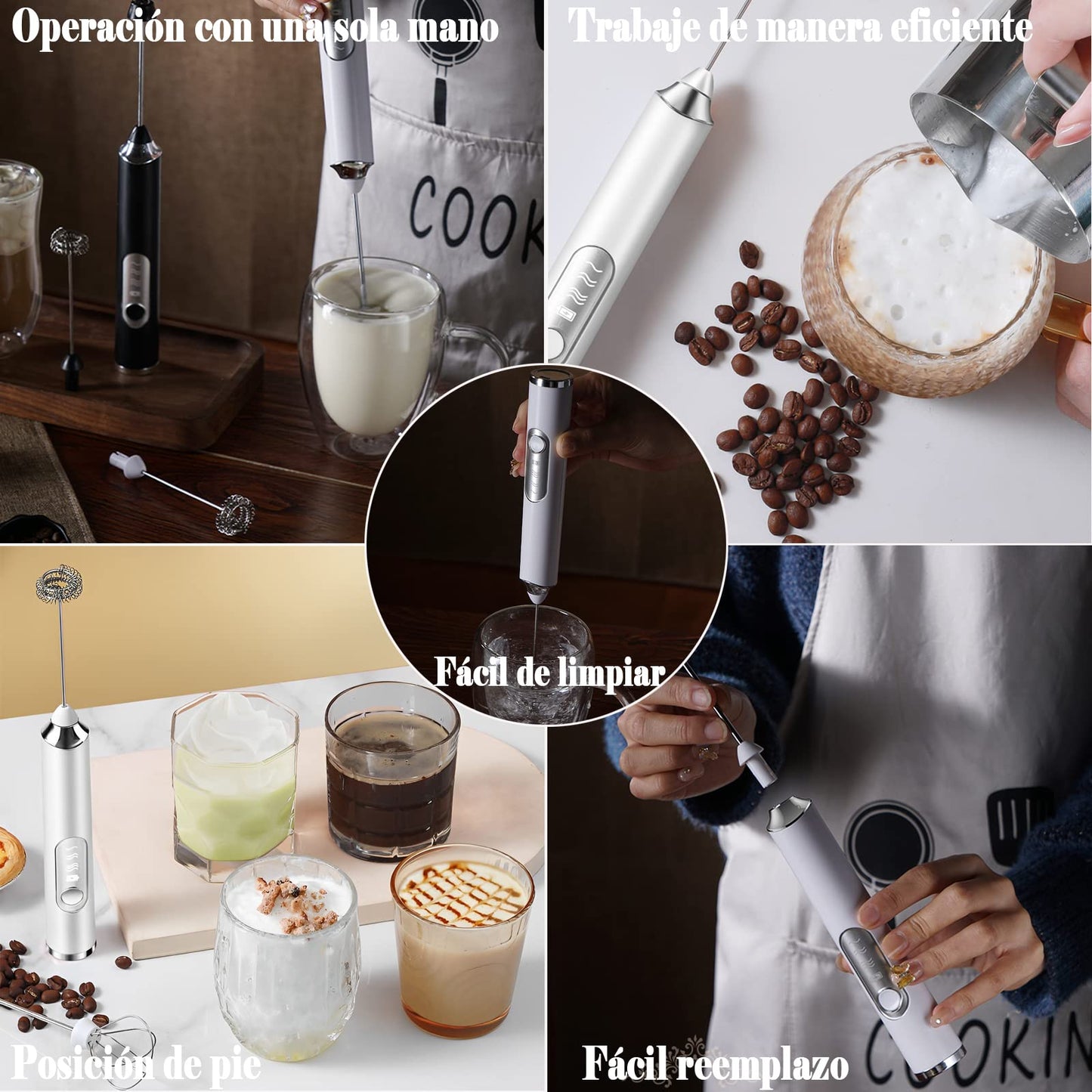 ANGECM8 Espumador de Leche eléctrico recargable por USB,3 velocidades con 3 batidor de acero inoxidable,Agitador electrico,Batidor electrico de mano para Café,Lattes,Capuccino,Chocolate Caliente