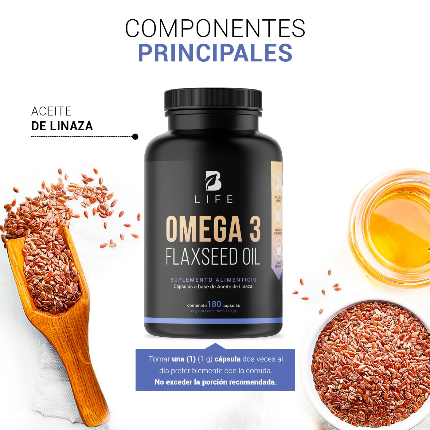 Aceite de Linaza Omega 3 B Life Puro 180 Cápsulas