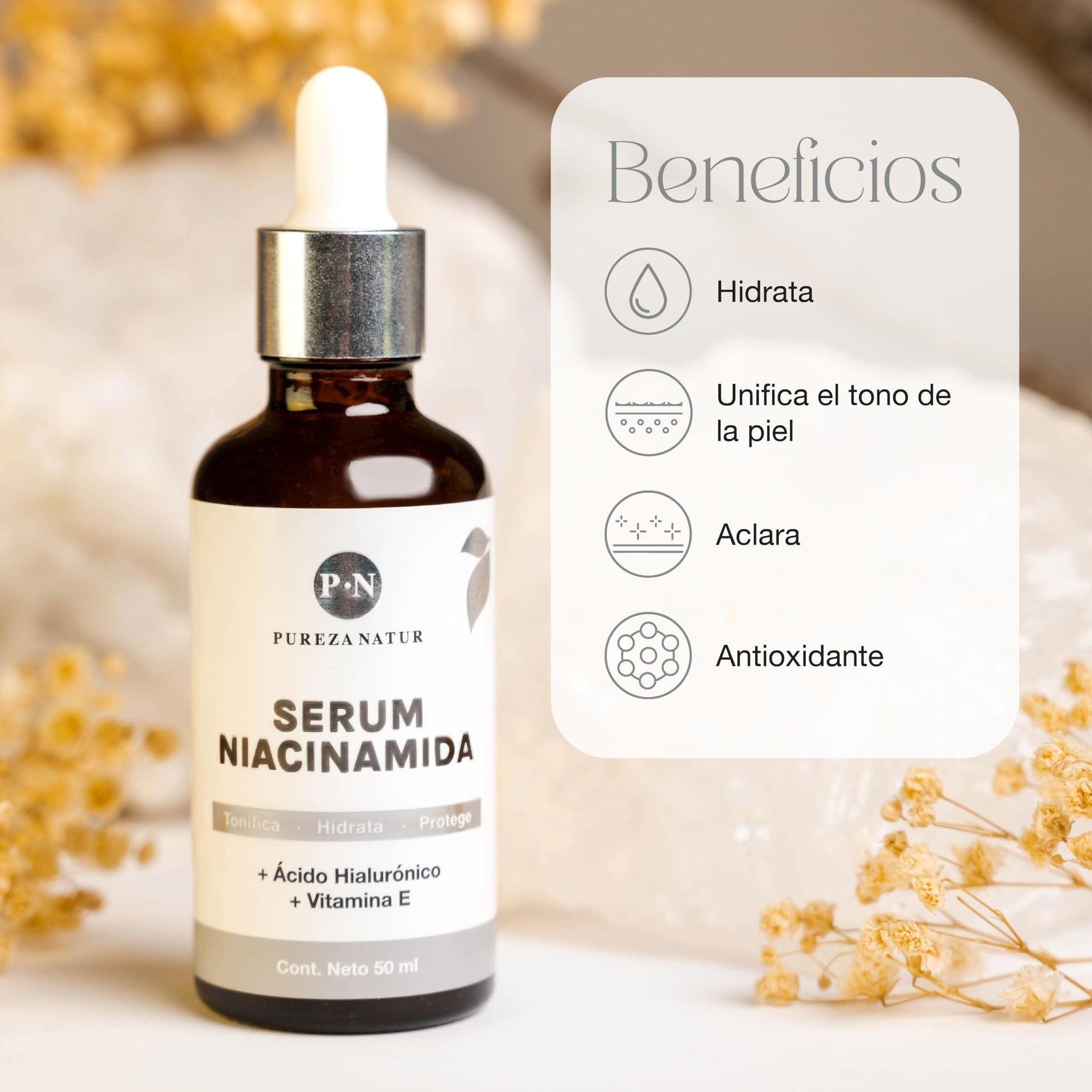PUREZA NATUR Suero facial Niacinamida B3, Vitamina E y Acido hialurónico 50ml | Serum Niacinamide para todos tipos de piel skin barrier hidratante, antioxidante potente reductor de ojeras y líneas de expresión (50ml)