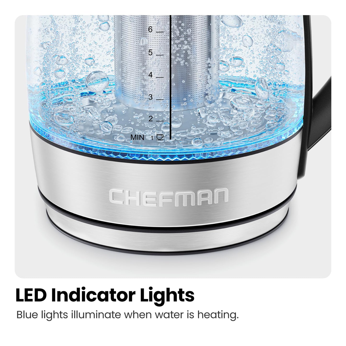 Chefman Fast W/luces LED Auto Shutoff & Hervir Seco Protección Inalámbrica, Sin BPA, Extraíble, 1,8 litros, Hervir rápido + infusor de té