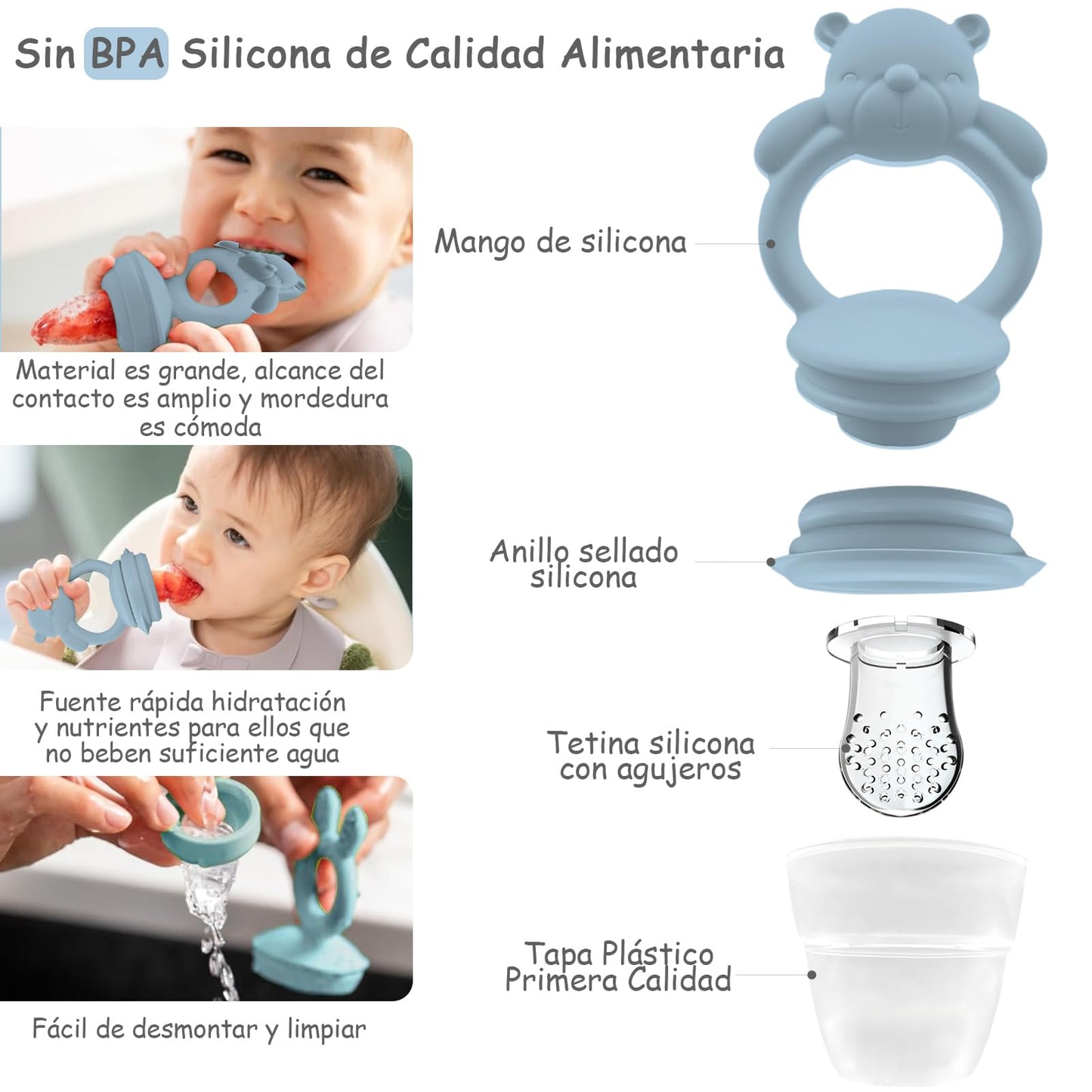 EHRHDKNS Bandeja Congeladora de Alimentos para Bebés Sin BPA, Adecuado para la Introducción Segura de Alimentos, Fruta y Papillas a Partir de los 4 Meses, Fortalece los Dientes del Bebé y le Ayuda a Comer Sano (Azul, Oso)