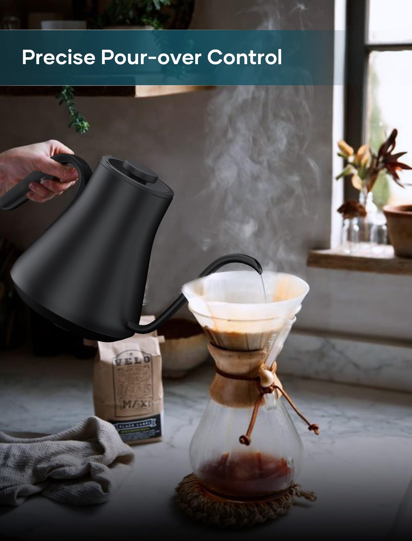 INTASTING Hervidor eléctrico de cuello de cisne, control de temperatura ± 0.5 °C, interior de acero inoxidable, calentamiento rápido, para verter sobre café o té, hervir agua, 0.9 L, negro
