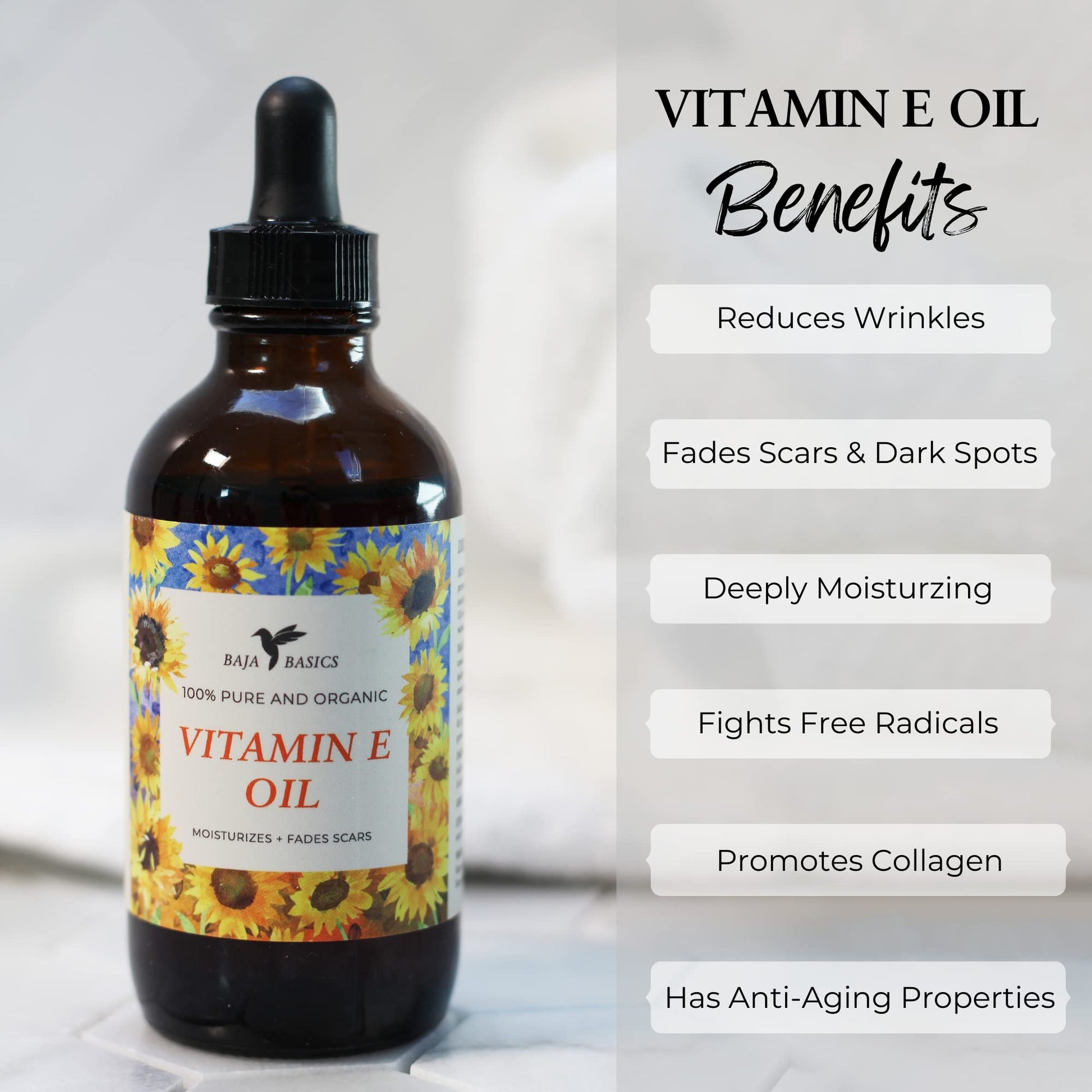 Baja Basics- Aceite de vitamina E pura, humectante para la piel, rostro, cuerpo, uñas y cabello, producto multiusos para el cuidado de la piel