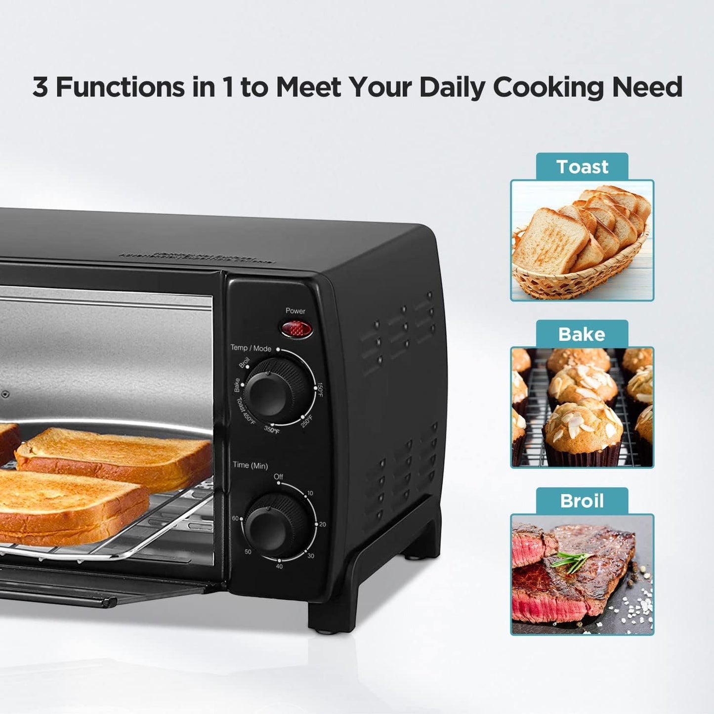 Dominion - Horno Tostador Encimera 4 Rebanadas, Diseño Retro Compacto, Multifunción con Temporizador de 30 Minutos, Hornear, Asar, Tostadas, 1000 Vatios, Capacidad de 2 Racks, Negro