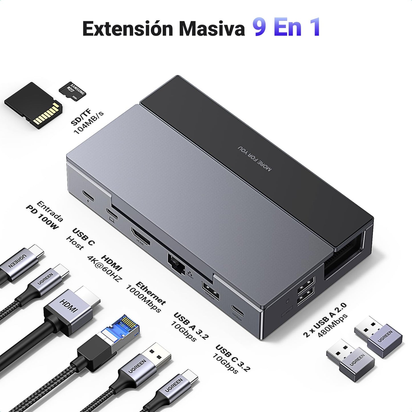 Dock Hub USB C 9 en 1 UGREEN Negro Soporte Ajustable para Steam Deck