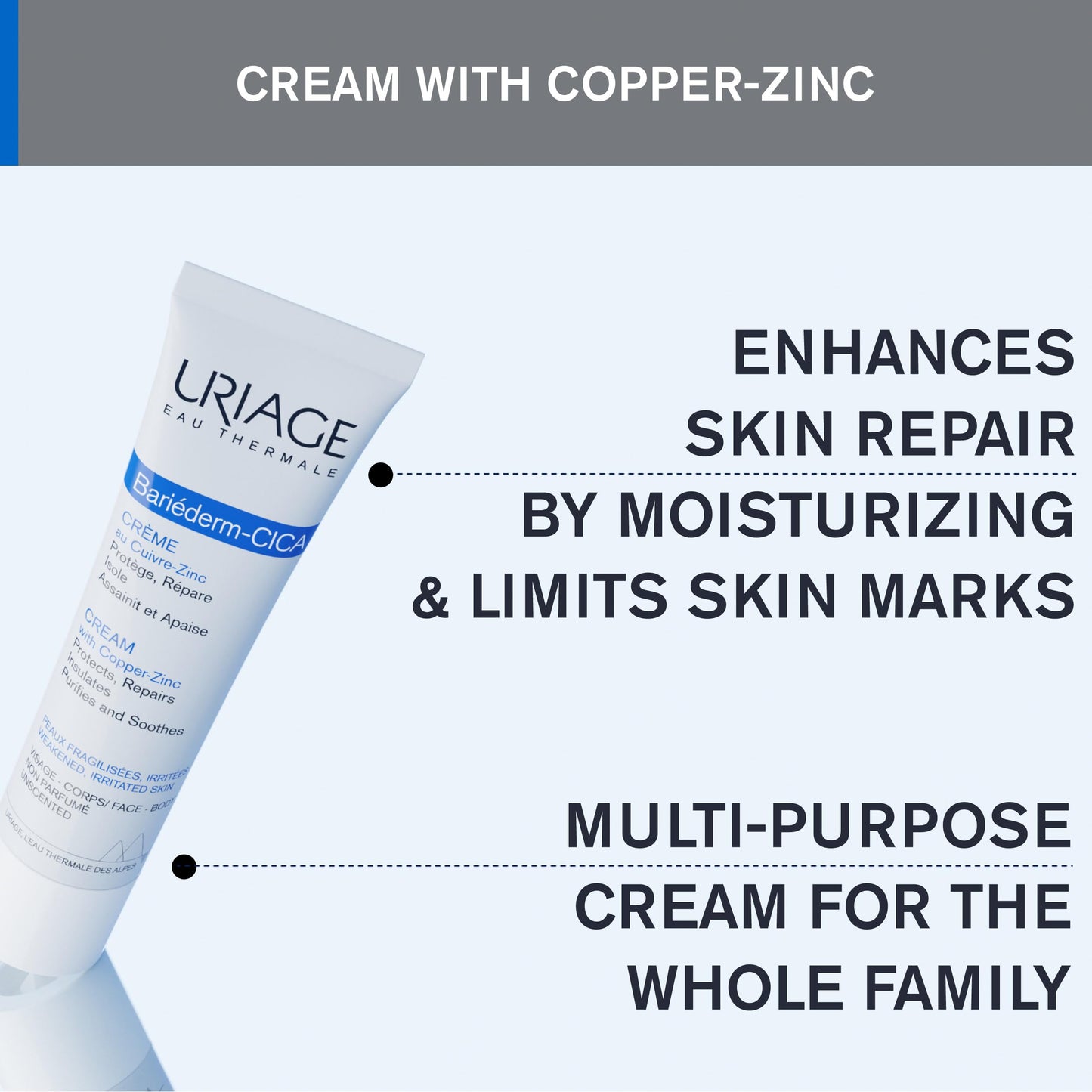 Uriage Bariederm-Cica Crema reparadora dermatológica multiusos 100ml - (pequeños cortes, quemaduras) para pieles dañadas con COBRE-ZINC y D-PANTENOL I Mejora la reparación de la piel. Para toda la familia I Sin perfume