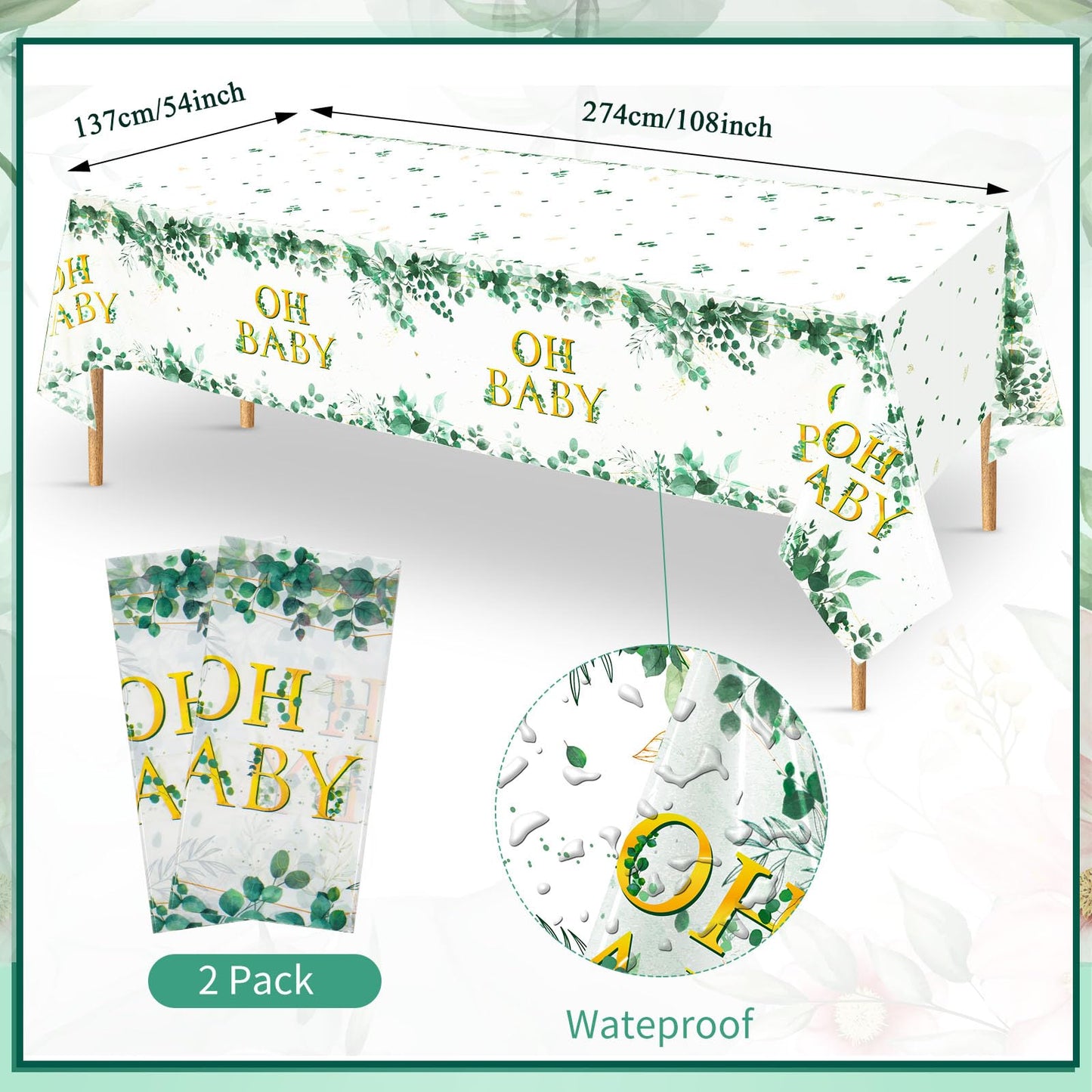 Juego de vajilla de 180 piezas de Sage Greenery Oh para fiesta de bebé, mantel de hoja de eucalipto, 24 platos de cena, plato de postre y servilletas para niño y niña, salvia, suministros de decoración de fiesta