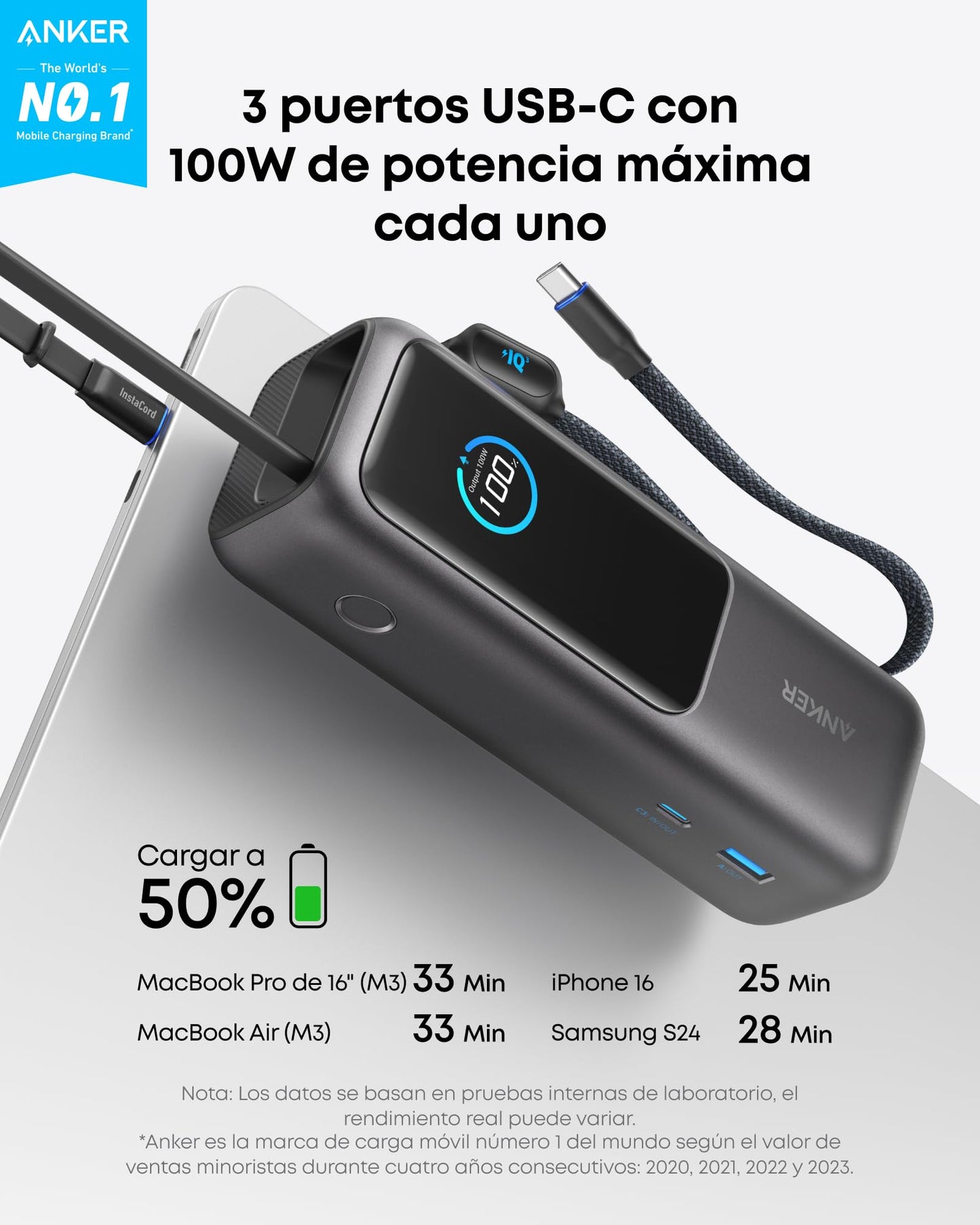 Power Bank Anker Negro 25,000 mAh con 3 Puertos USB-C 100W y Cables Integrados para Laptop y Celulares