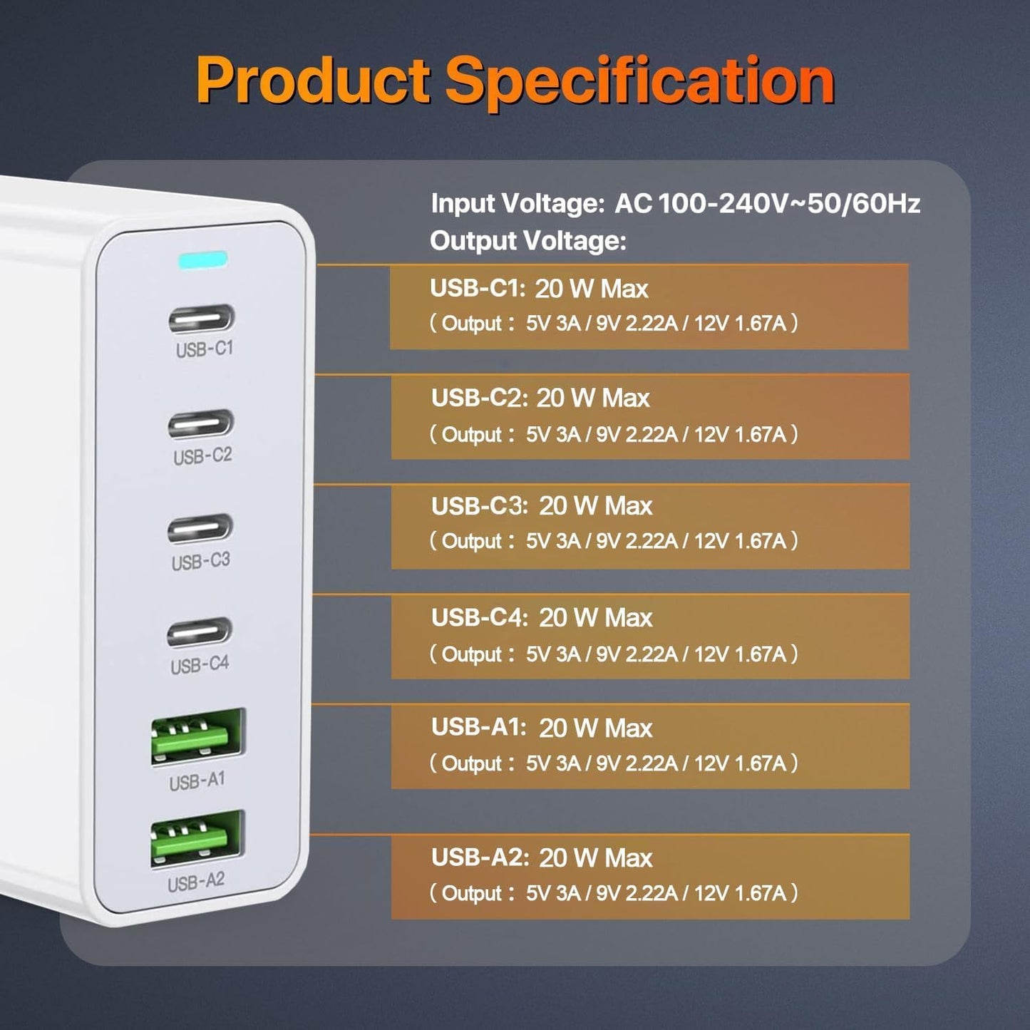 Bloque de cargador rápido USB C, 120 W GaN 6 puertos (6 x 20 W) tipo C PD cargador, enchufe adaptador de alimentación de estación de carga USBC 【4 USB C + 2 USB A】 Compatible con iPad/iPhone 16/15/14
