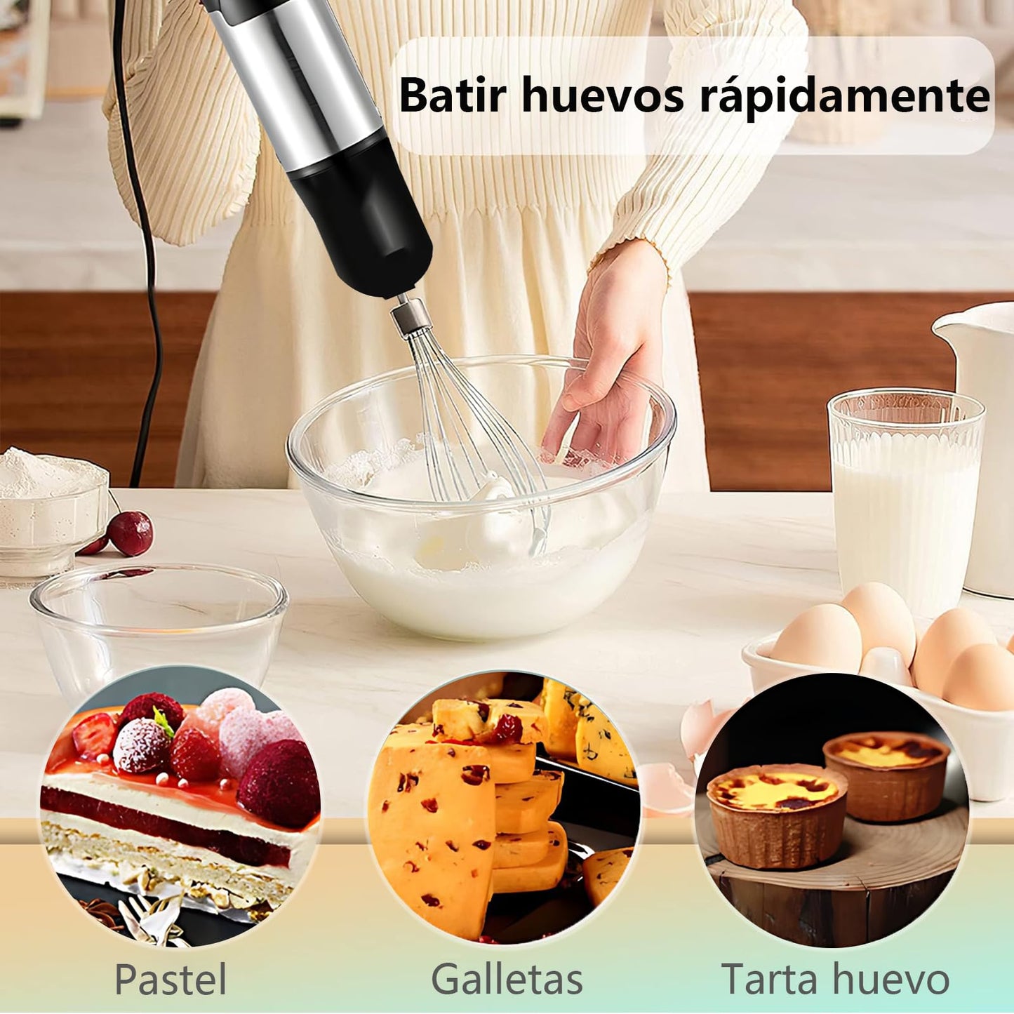 Batidora de Mano 4 en 1 de acero inoxidable,Batidora Turbo de Inmersión 1000W Con 5 Velocidades, Con Picadora de 500 ml, Batidora de Huevo, Licuadora, Vaso Medidor de 700ml