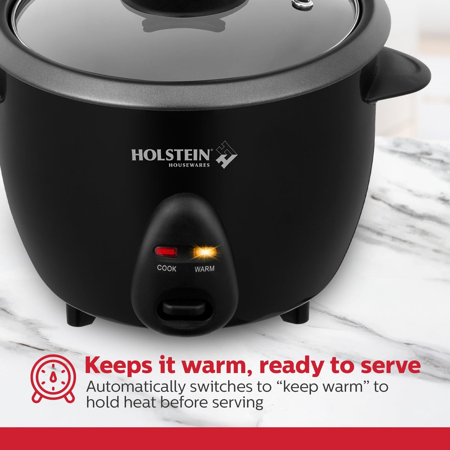 Holstein Housewares - Arrocera cocida de 16 tazas (8 tazas sin cocinar), color negro, operación con un solo toque con funciones de cocinar y mantener caliente, perfecta para arroz, quinua, avena
