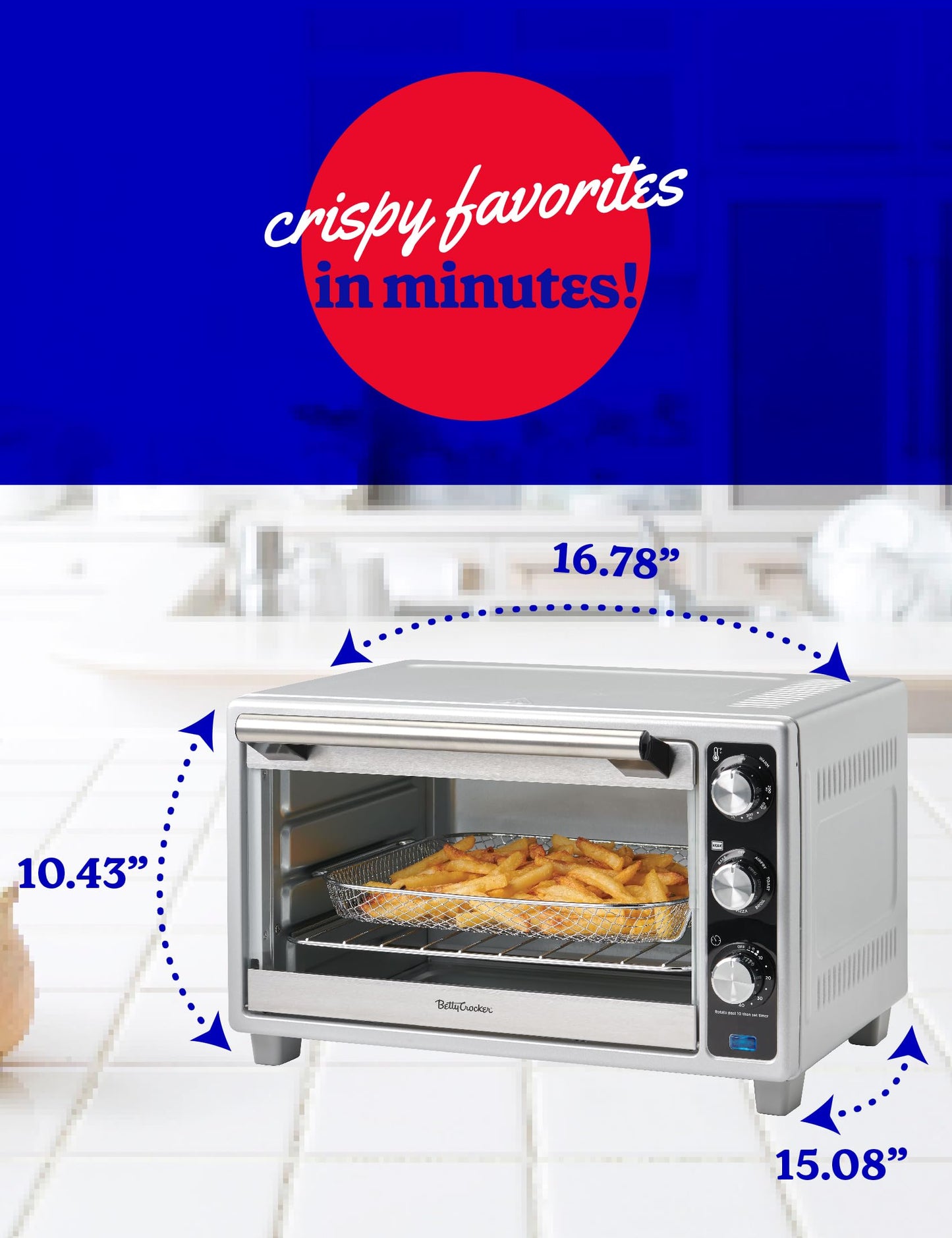 Betty Crocker - Horno tostador de convección, tostador multifunción de 6 rebanadas y horno freidora de aire, 0.8 Cu. Horno tostador Airfryer de capacidad de 6 pies, horno de convección de 7 funciones,