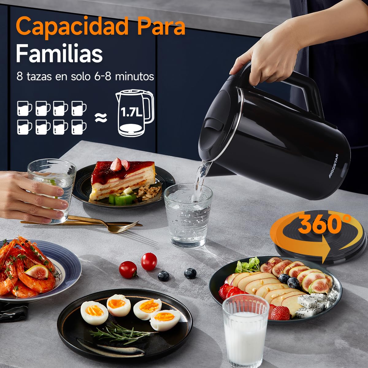 Aigostar Hervidor, Tetera Eléctrica de 1.7 Litros, Doble Pared de Acero Inoxidable, Apagado Automático, 1200w, Base Removible, Negro
