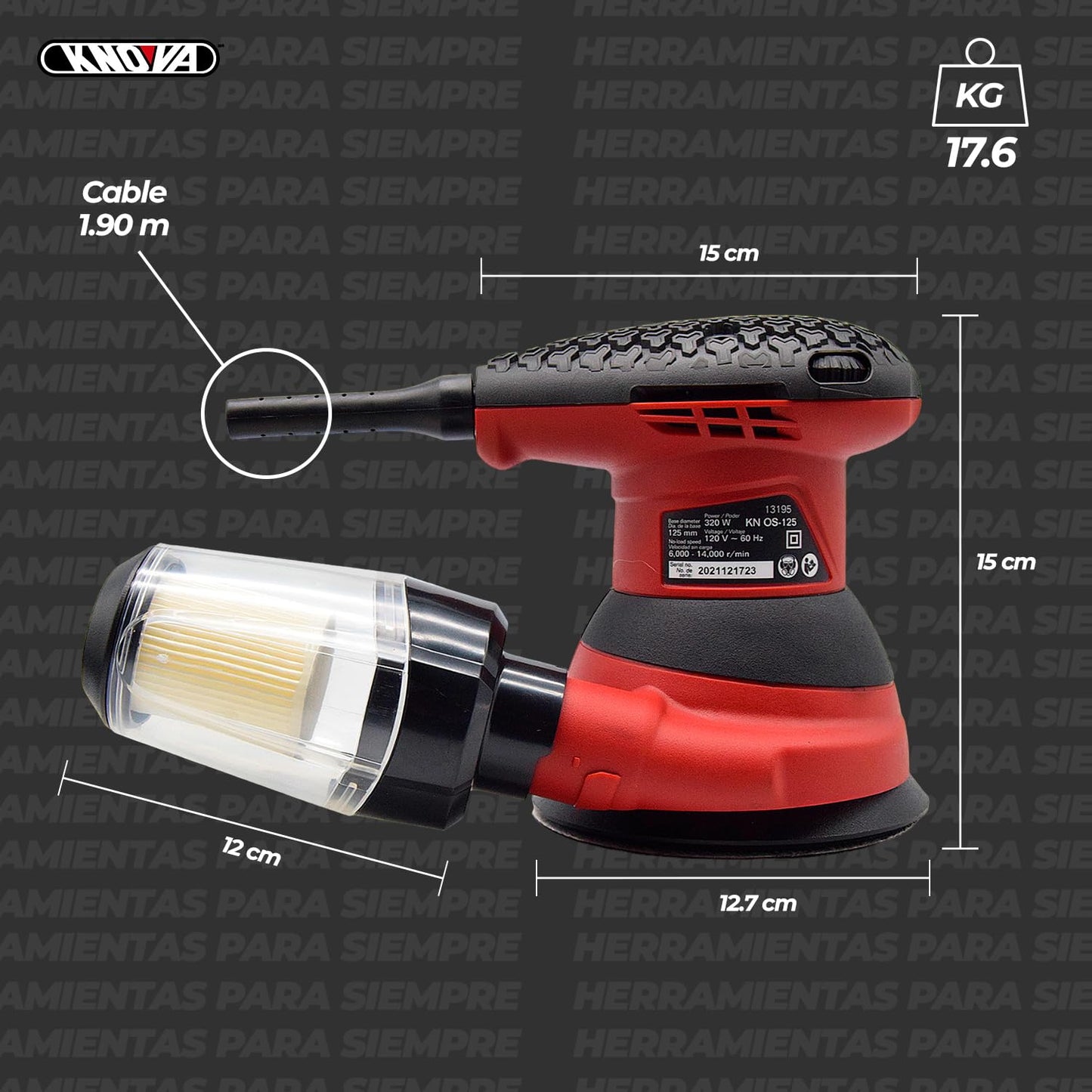 Knova Lijadora orbital de mano para madera 5" 320W 125mm 13500 RPM c/colector de polvo