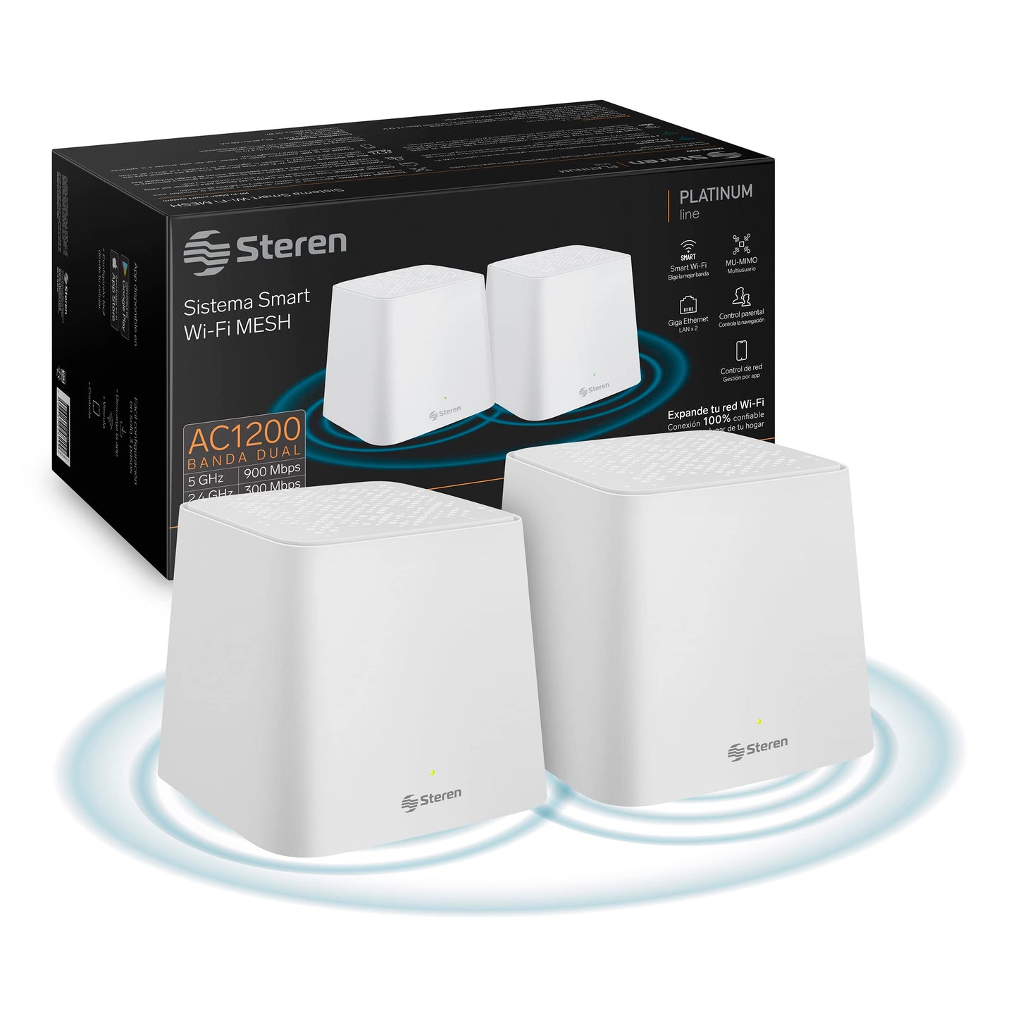 STEREN MESH-200 Sistema Smart Wi-Fi Mesh Doble, 2,4 GHz y 5 GHz (B/G/N/A/AC/V/R), AC 1200, 2 Puertos LAN Fast Ethernet por Cada módulo, Color Blanco, gestión Desde App