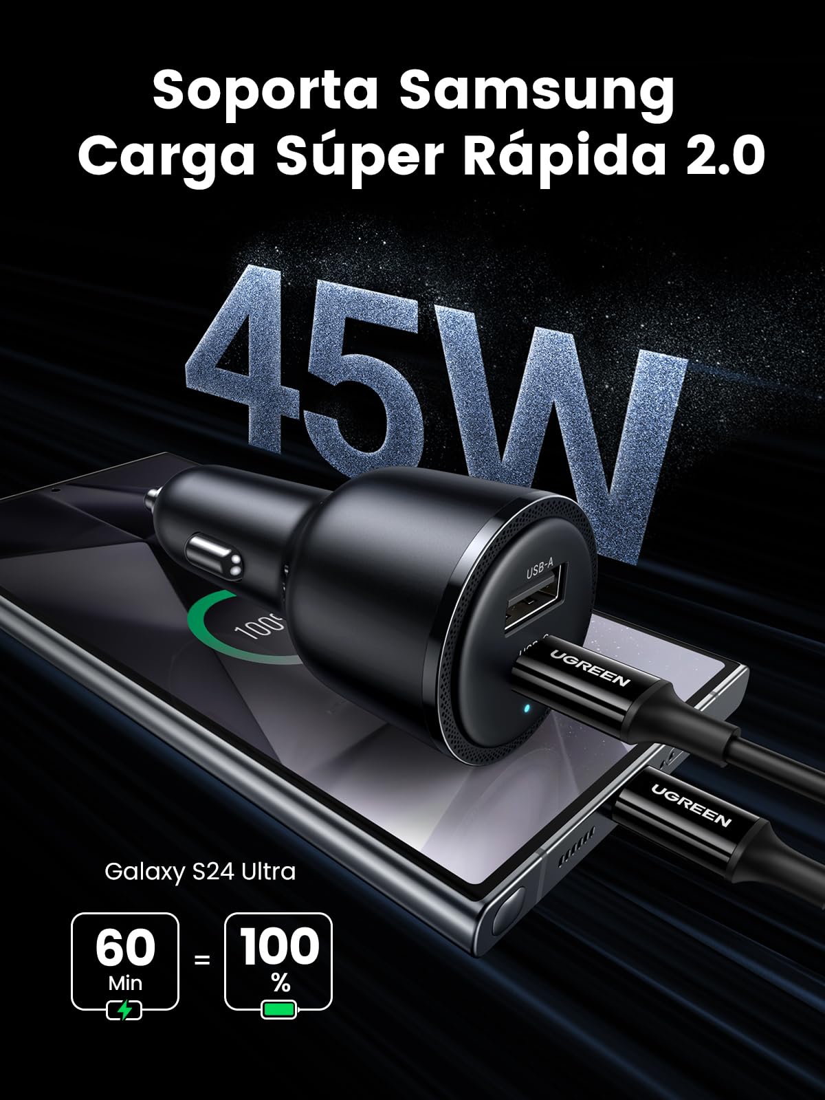 Cargador para Auto UGREEN Negro con Carga Rápida Tipo C PD 45W y QC 18W Compatible con Galaxy y iPhone