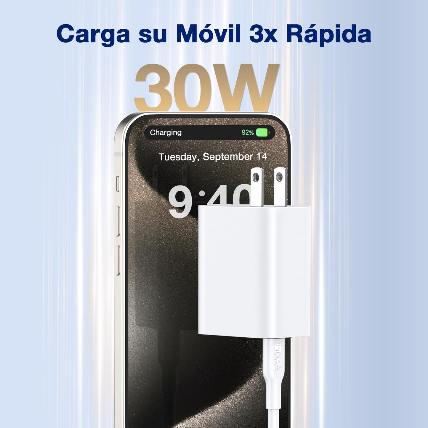1 Hora Cargador Tipo C, PD 30W Cargador Carga Rápida, con Cable USB C a C 1M 3A, Compatible con IP 15, Samsung Galaxy S23/S22/S21 Ultra/Note10/S20, iPad Pro, Motorola G32 (Blanco con Cable)
