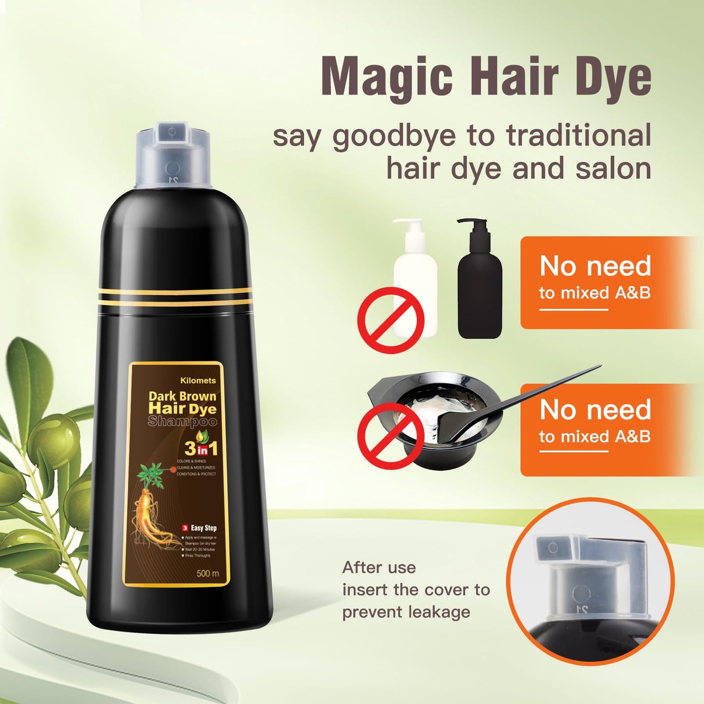 KILOMETS Champú para teñir el cabello/ Tintes Para El Cabello-Champú para teñir el cabello de castaño oscuro para mujeres-Cobertura de canas-Coloración instantánea con ingredientes herbales suaves-Larga duración-Sin amoníaco 500ML