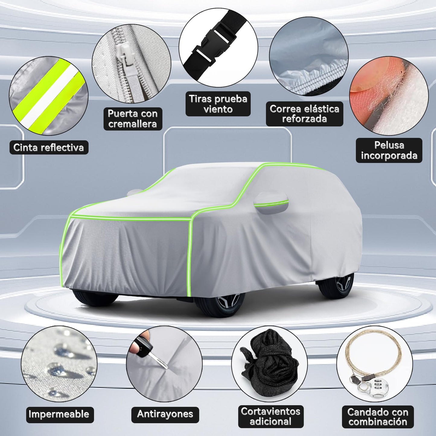 AUTODIAG Cubierta para Auto SUV,520x200x180CM Funda Impermeable con Forro ALGODÓN,Cremallera y Cintas Reflectante,Anti-UV,Anti-Nieve,Antiarañazos,Ideal para Exteriores(Plata)